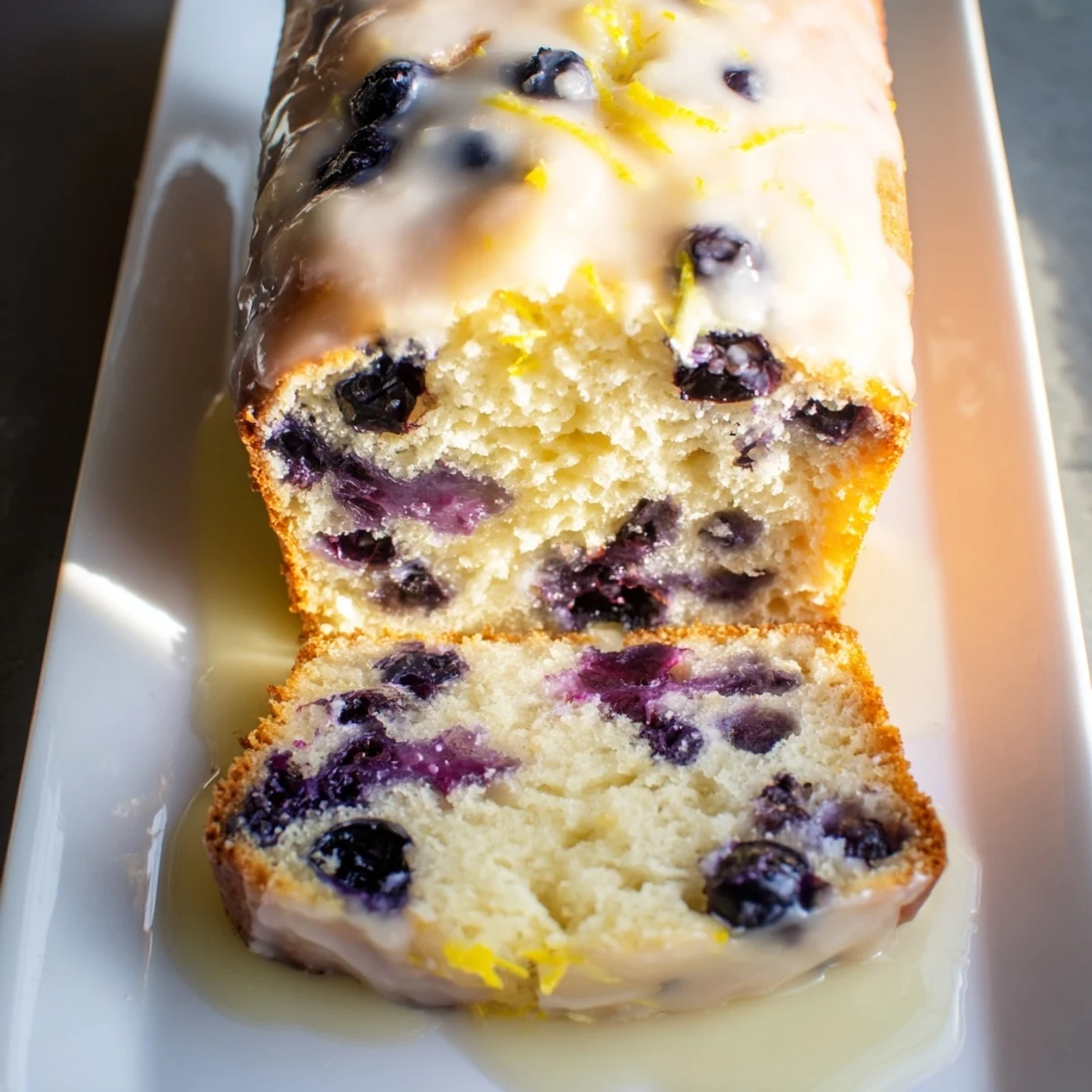 Close-up of Lemon Blueberry Yogurt Loaf Cake drizzled with lemon glaze, showcasing fresh blueberries and fluffy interior, ideal for serving with tea or coffee.