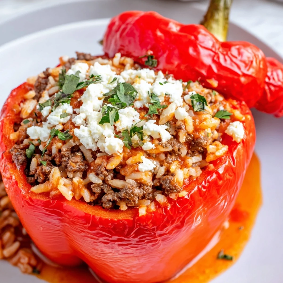 Roasted red and yellow bell peppers stuffed with savory ground beef and rice, garnished with fresh parsley and crumbled feta.
