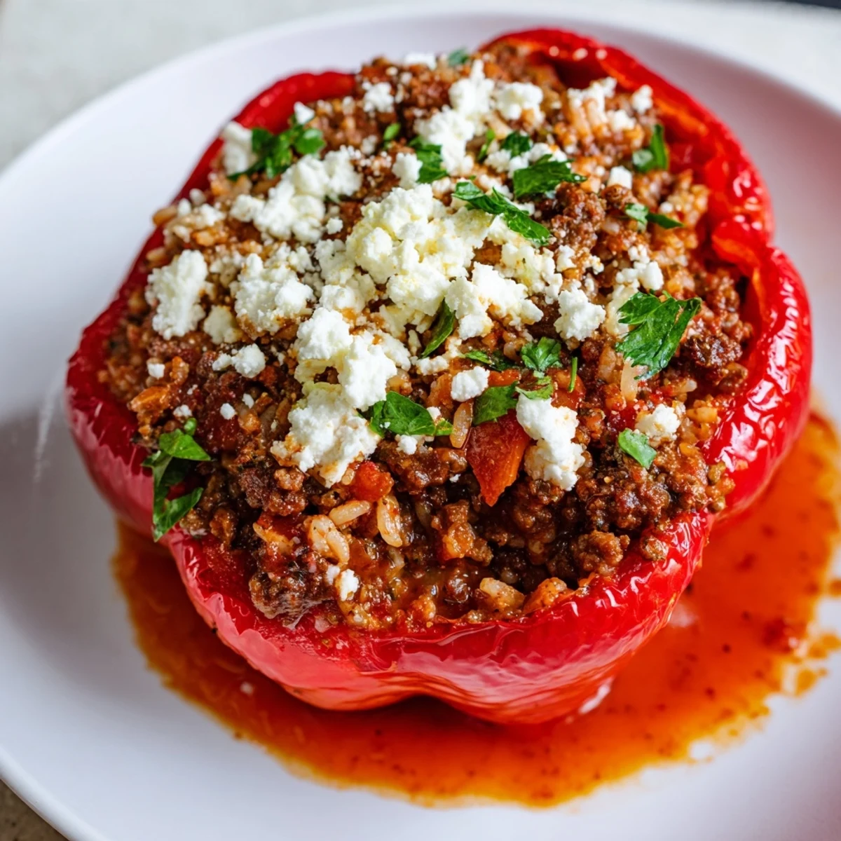 Mediterranean Stuffed Bell Peppers with Beef sit in a baking dish, smothered in rich tomato sauce, ready to serve.