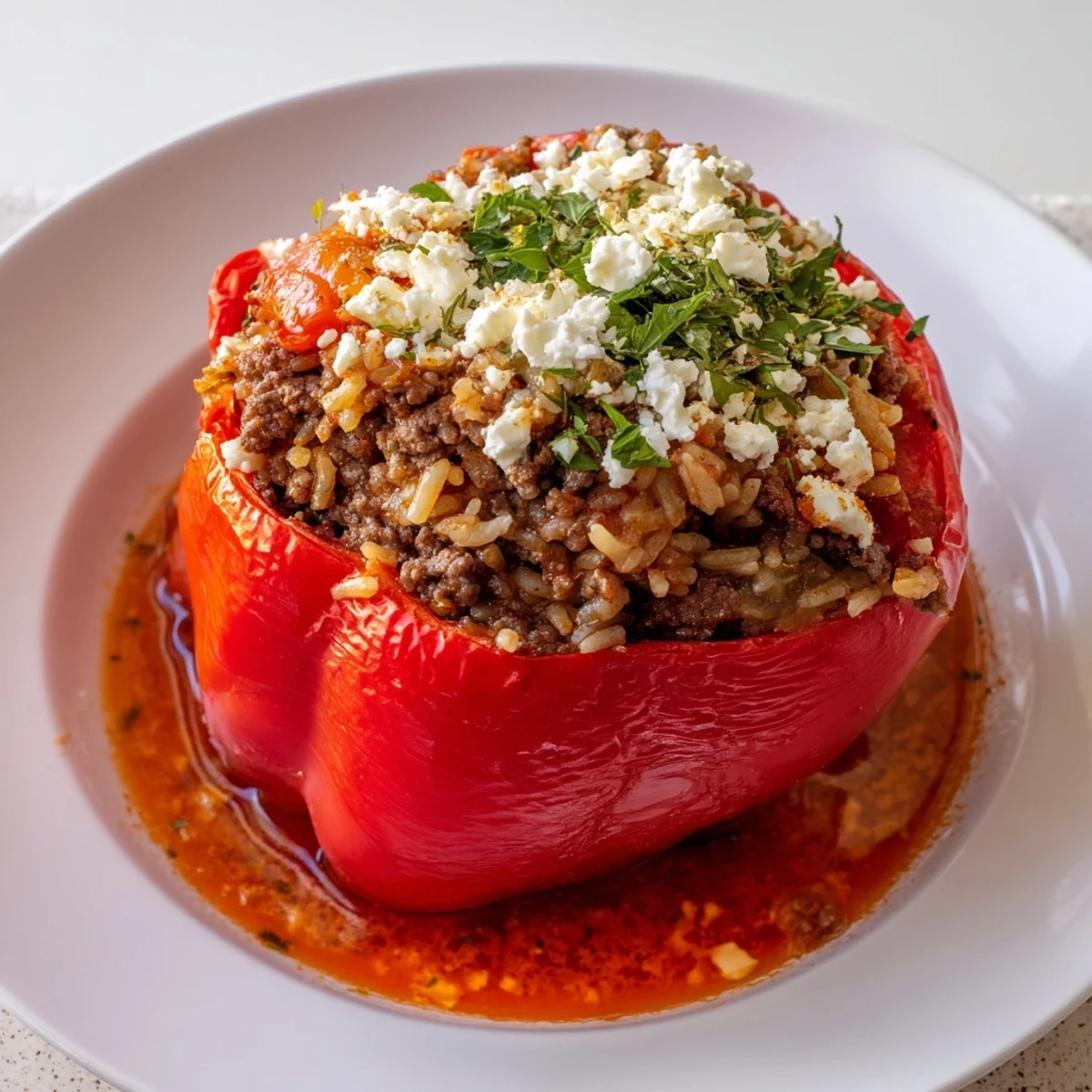 Freshly baked Mediterranean Stuffed Bell Peppers with Beef feature tender peppers and a hearty beef, rice, and herb filling.