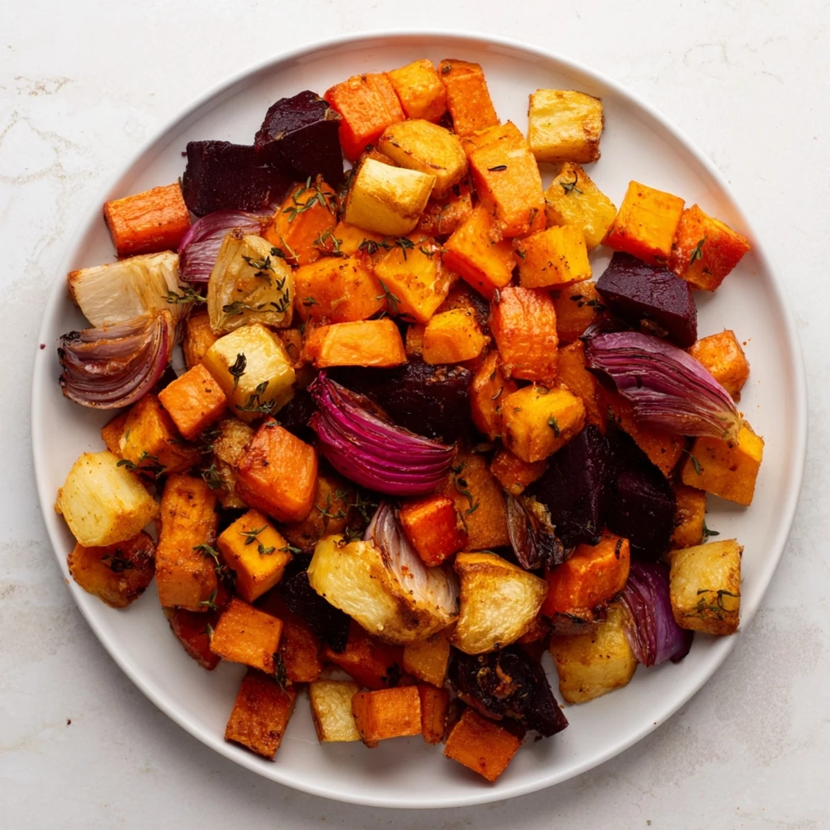 Golden roasted root vegetable medley with rosemary and thyme on a rustic wooden table, served warm.