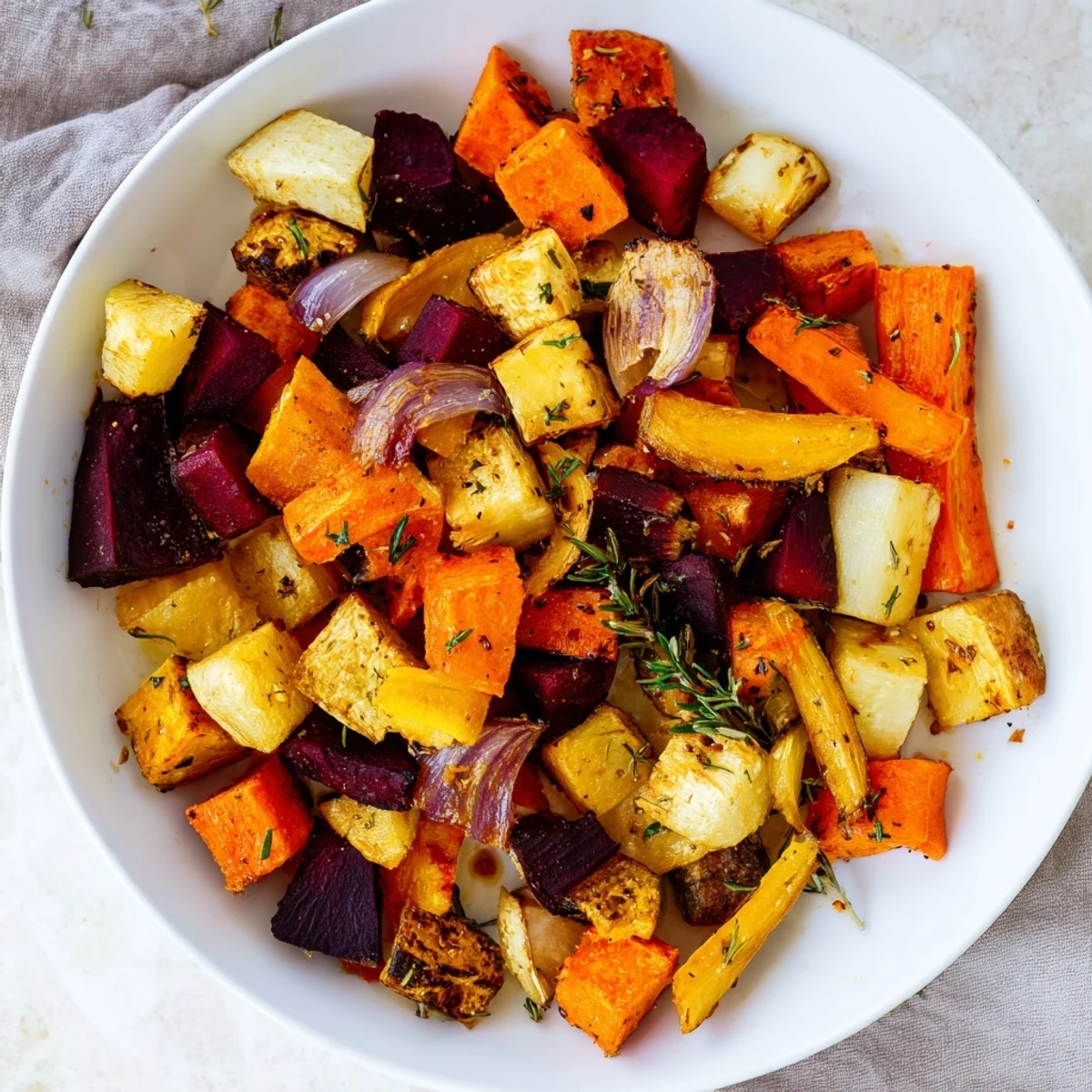 A colorful baked root vegetable medley with herbs, perfect as a vegan side dish for dinner.