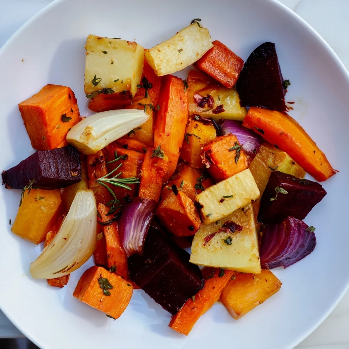Platter of roasted root vegetable medley with caramelized edges, garnished with fresh thyme and parsley.