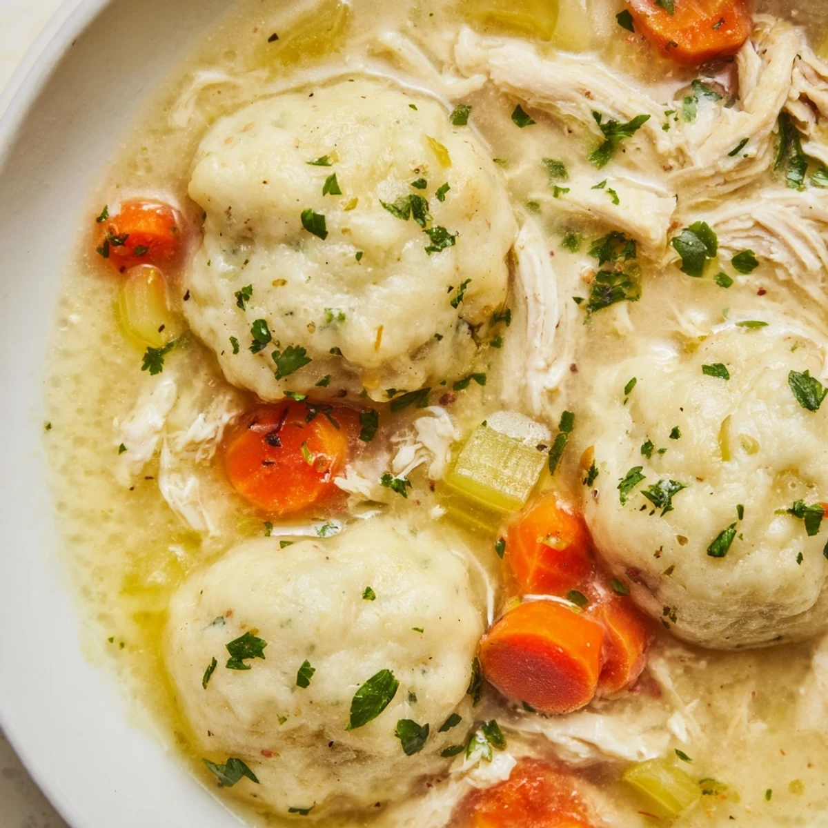 A comforting bowl of Slow Cooker Chicken and Dumplings with vegetables, served steaming hot for a perfect family dinner.