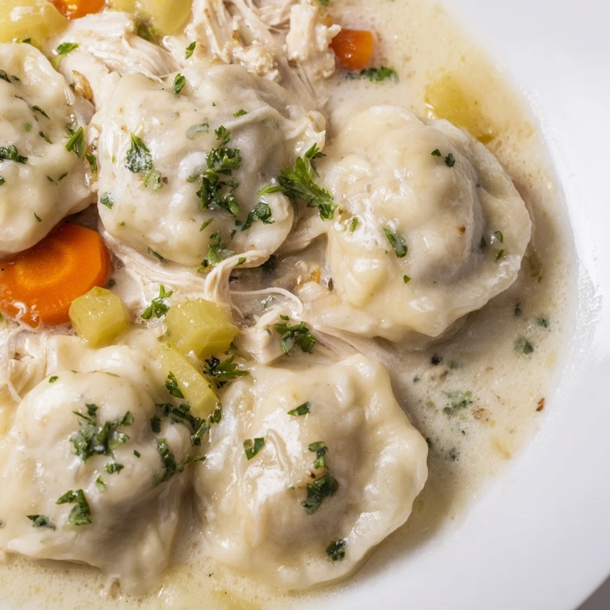 Slow Cooker Chicken and Dumplings features tender shredded chicken and fluffy biscuit dumplings in a creamy herb-infused broth.