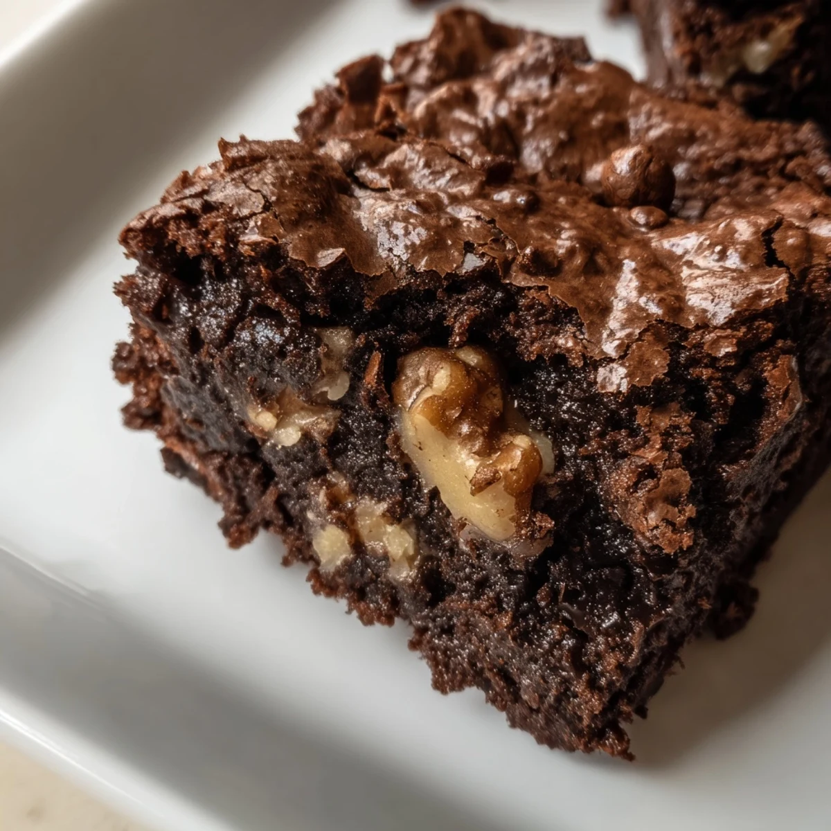 A close-up of freshly baked Chocolate Fudge Brownies with Walnuts served warm beside a cold glass of milk.
