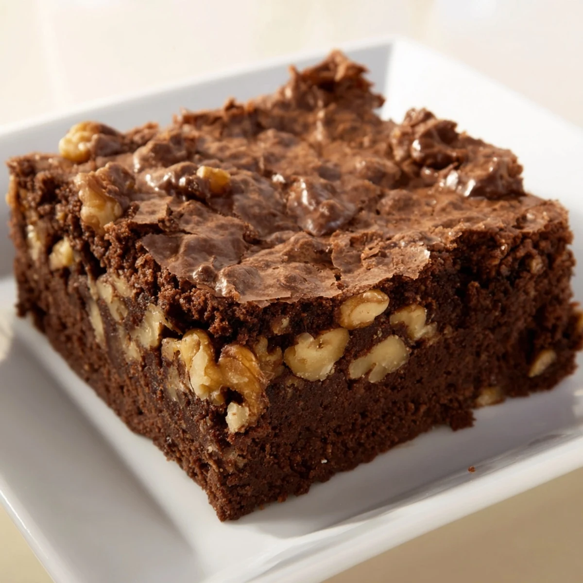 Gooey Chocolate Fudge Brownies with Walnuts on a rustic plate, showcasing cracked tops and chopped nuts.