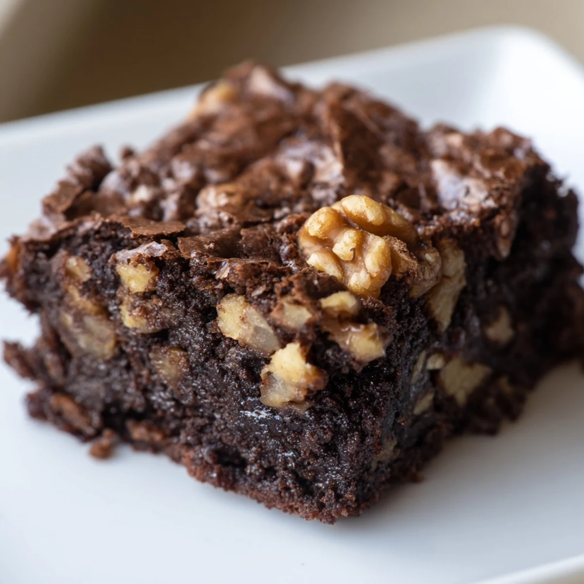 Decadent Chocolate Fudge Brownies with Walnuts stacked high, dusted with powdered sugar for a sweet American dessert.