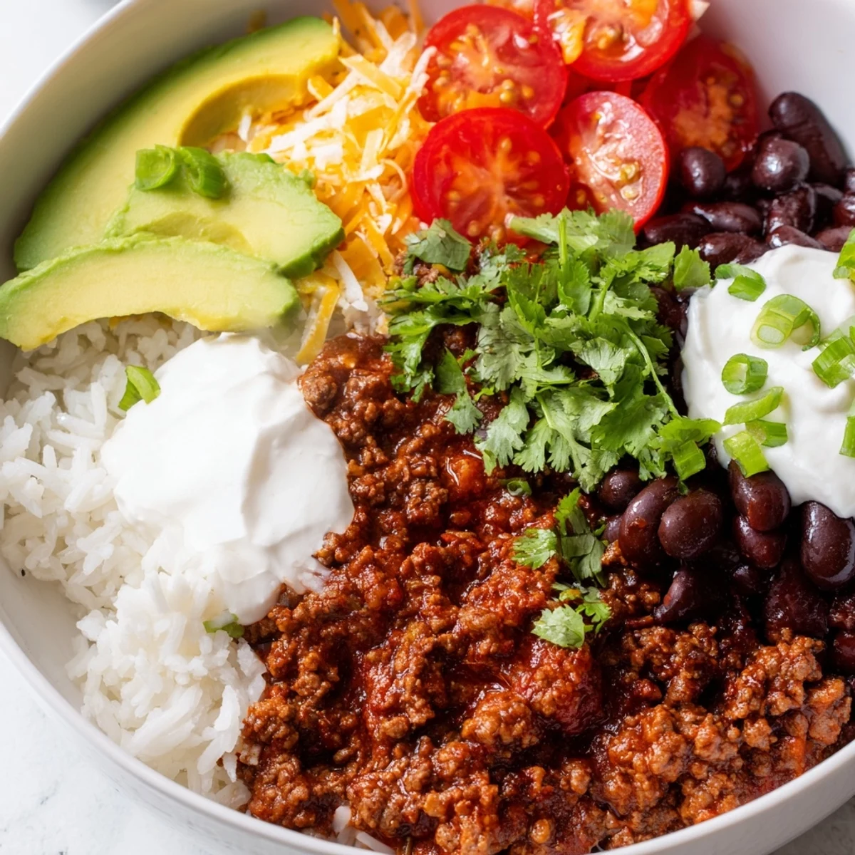 A close-up view of Beef Burrito Bowls with Rice and Beans, featuring seasoned ground beef, fluffy rice, and hearty black beans topped with fresh avocado and melted cheese.