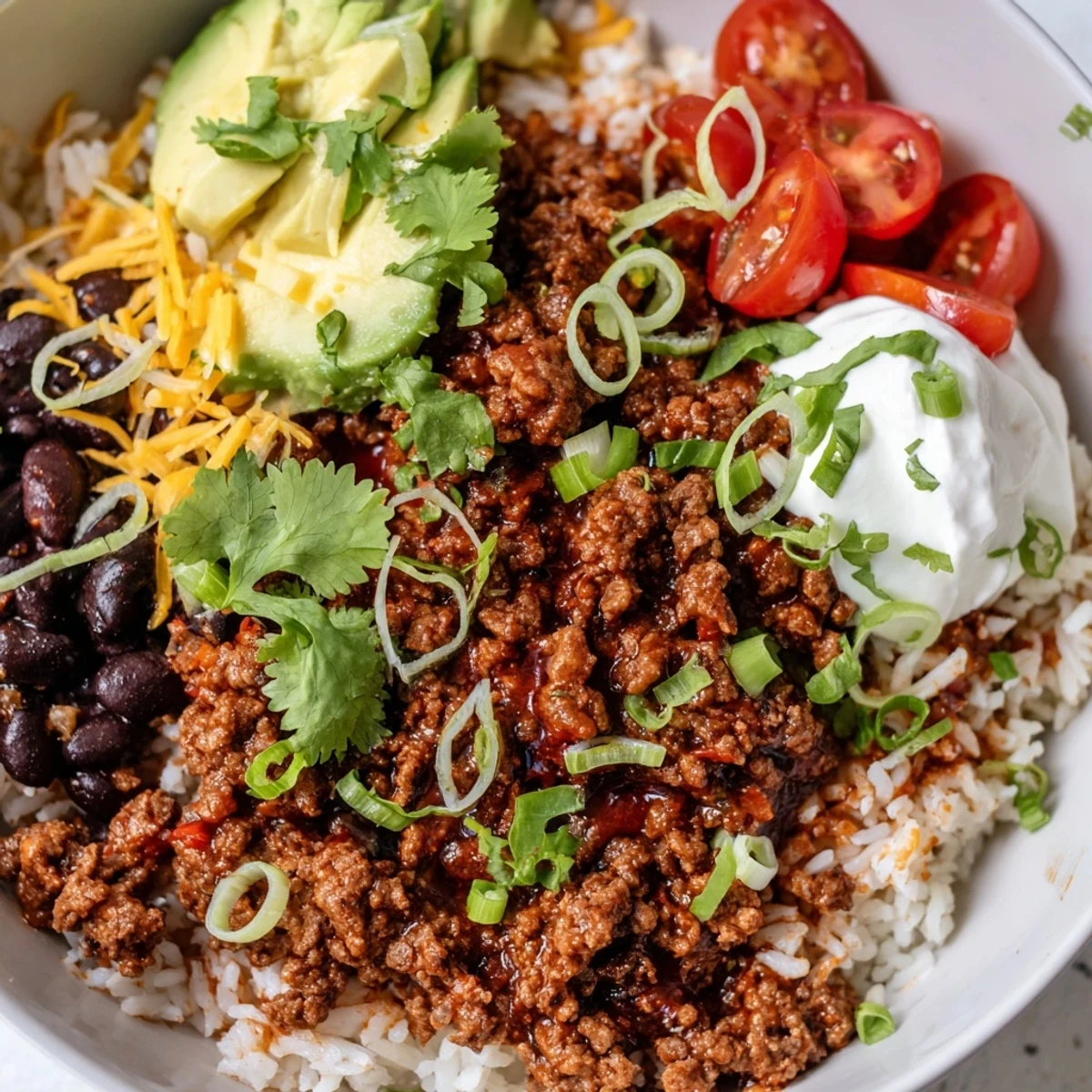 Serving suggestion for Beef Burrito Bowls with Rice and Beans, arranged in a rustic bowl with lime wedges and all the fresh toppings ready to customize.