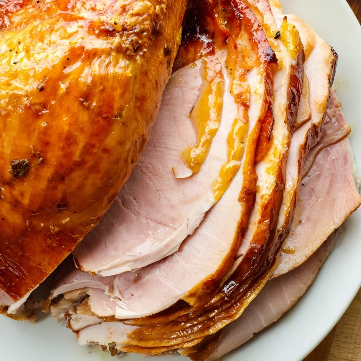 Golden-brown Easter Turkey Ham Roast glistening with honey-Dijon glaze, served sliced on a white platter with fresh rosemary and thyme.