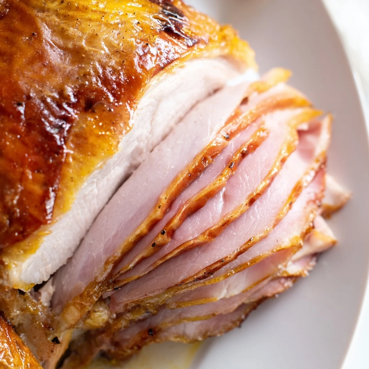 Carved slices of Easter Turkey Ham Roast reveal layers of smoky ham and juicy turkey, paired with roasted spring vegetables on the side.