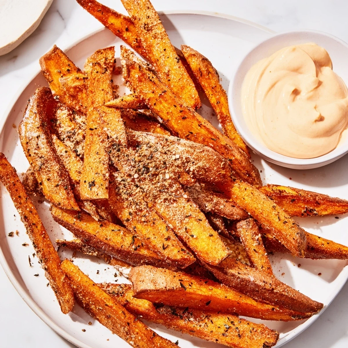 Cajun Spiced Fries with Spicy Mayo served on a rustic plate with lemon wedges.  