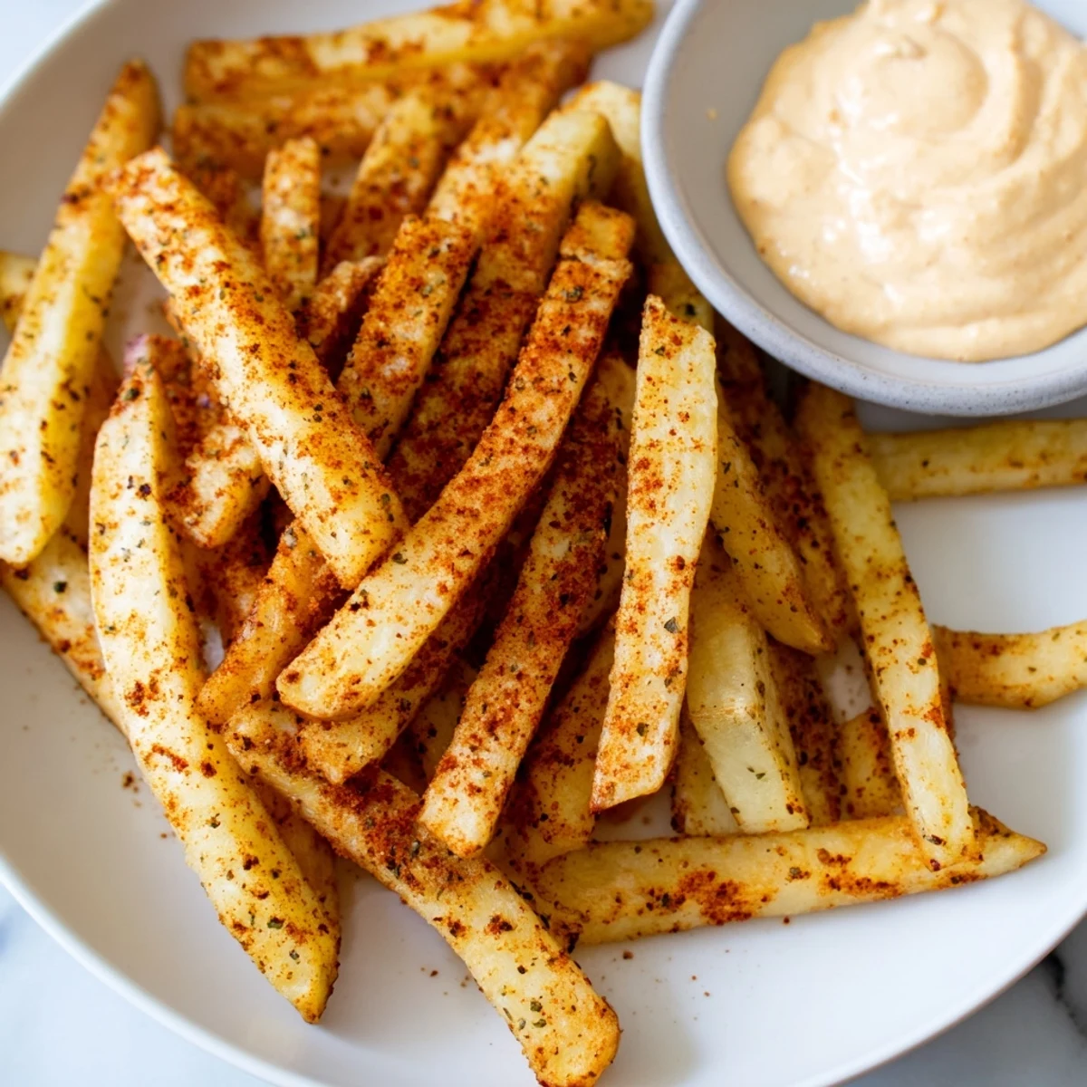 Golden, crispy Cajun Spiced Fries topped with a drizzle of creamy spicy mayo dip.  
