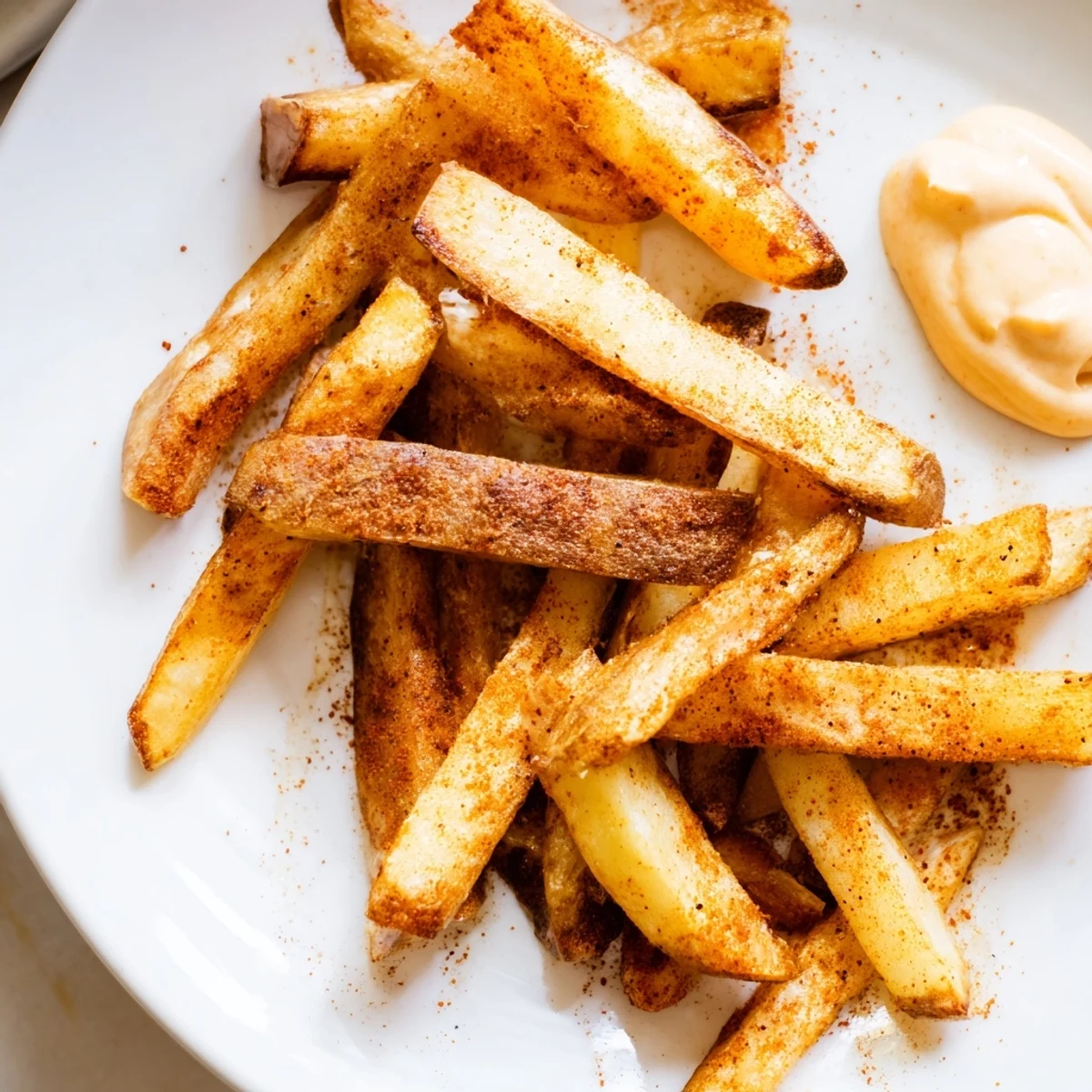 Oven-baked Cajun Spiced Fries with a side of zesty, creamy spicy mayo for dipping.