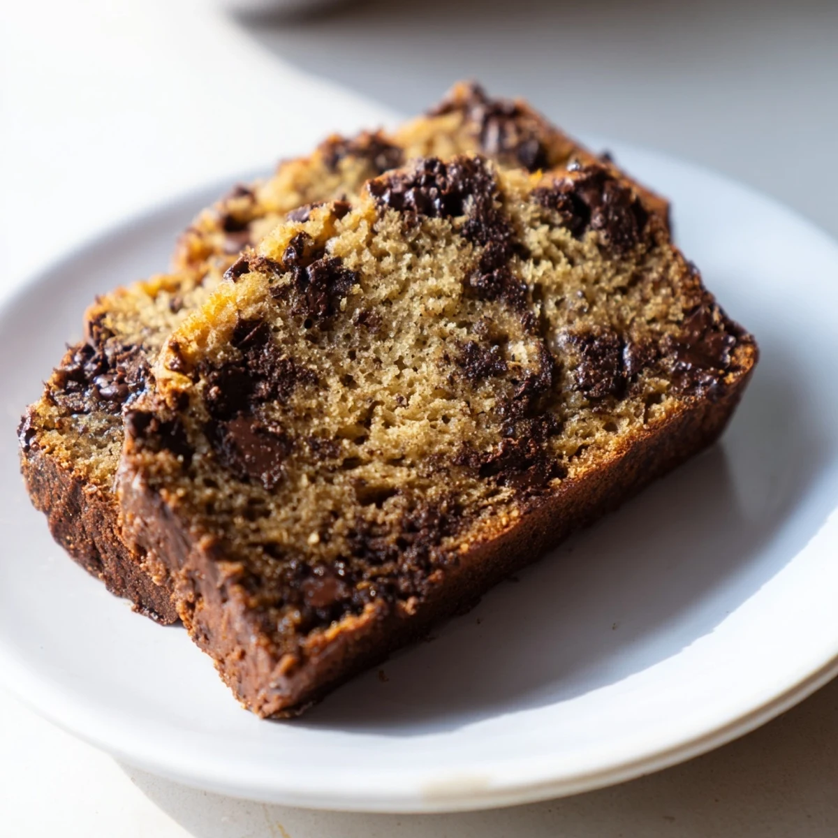 Freshly baked Chocolate Chip Banana Bread slices on a wooden board, with melted chocolate chips and golden crust visible.