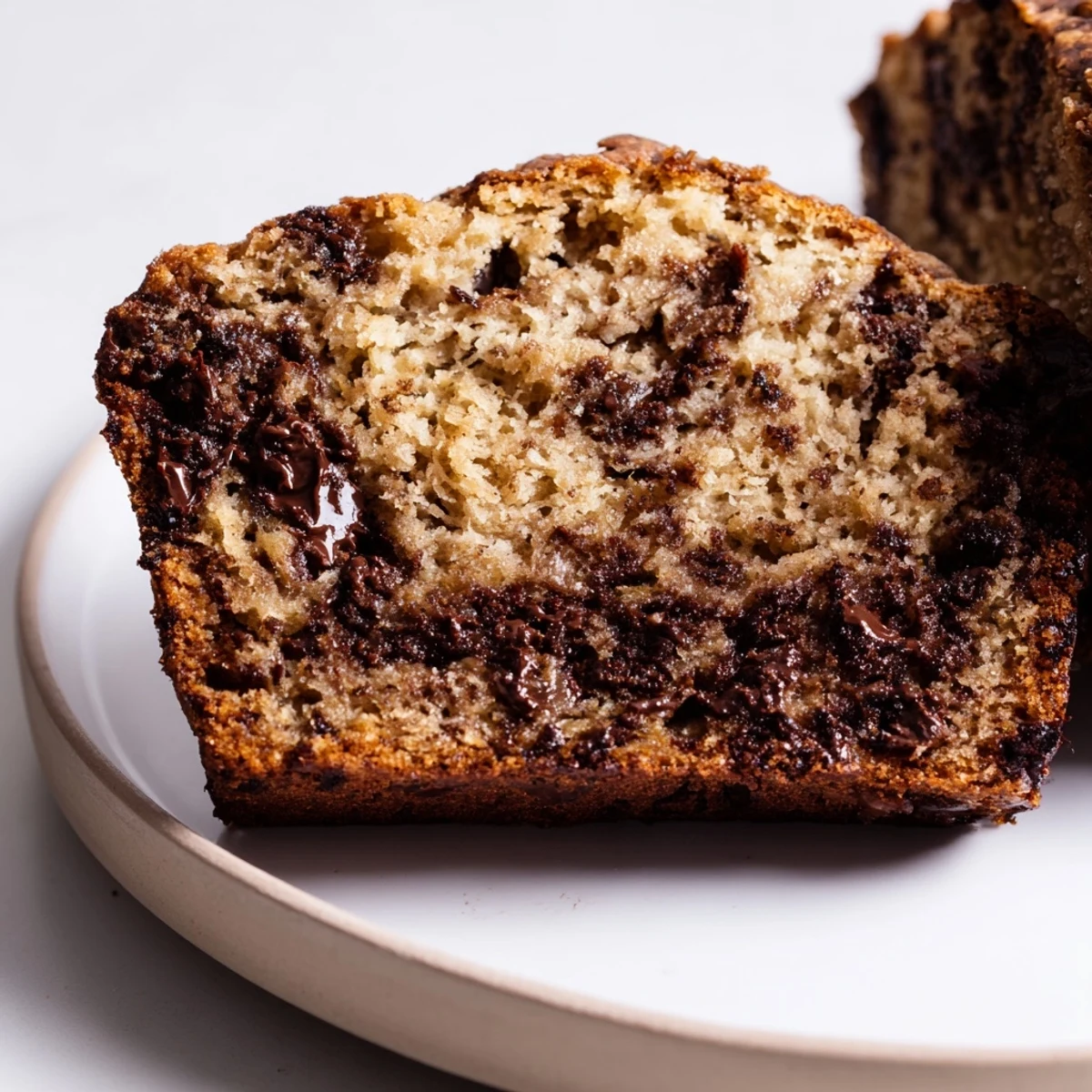 A close-up of moist Chocolate Chip Banana Bread with banana pieces and chocolate chips inside, served on a white plate.