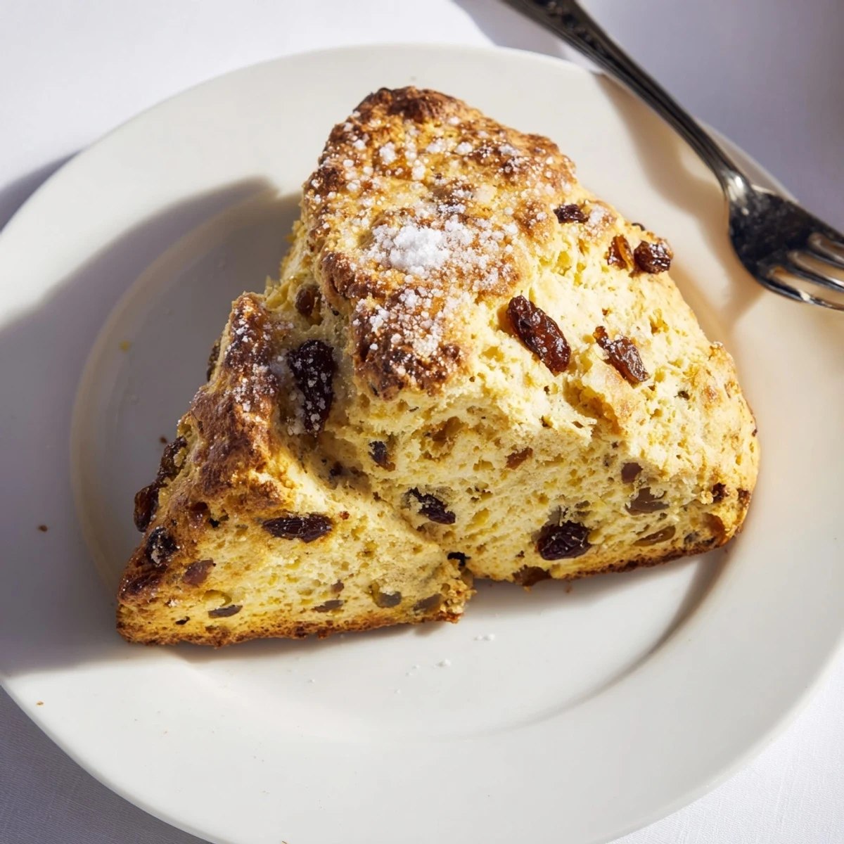 Overhead view of Irish Soda Bread Scones on a rustic table with butter and tea beside them.  