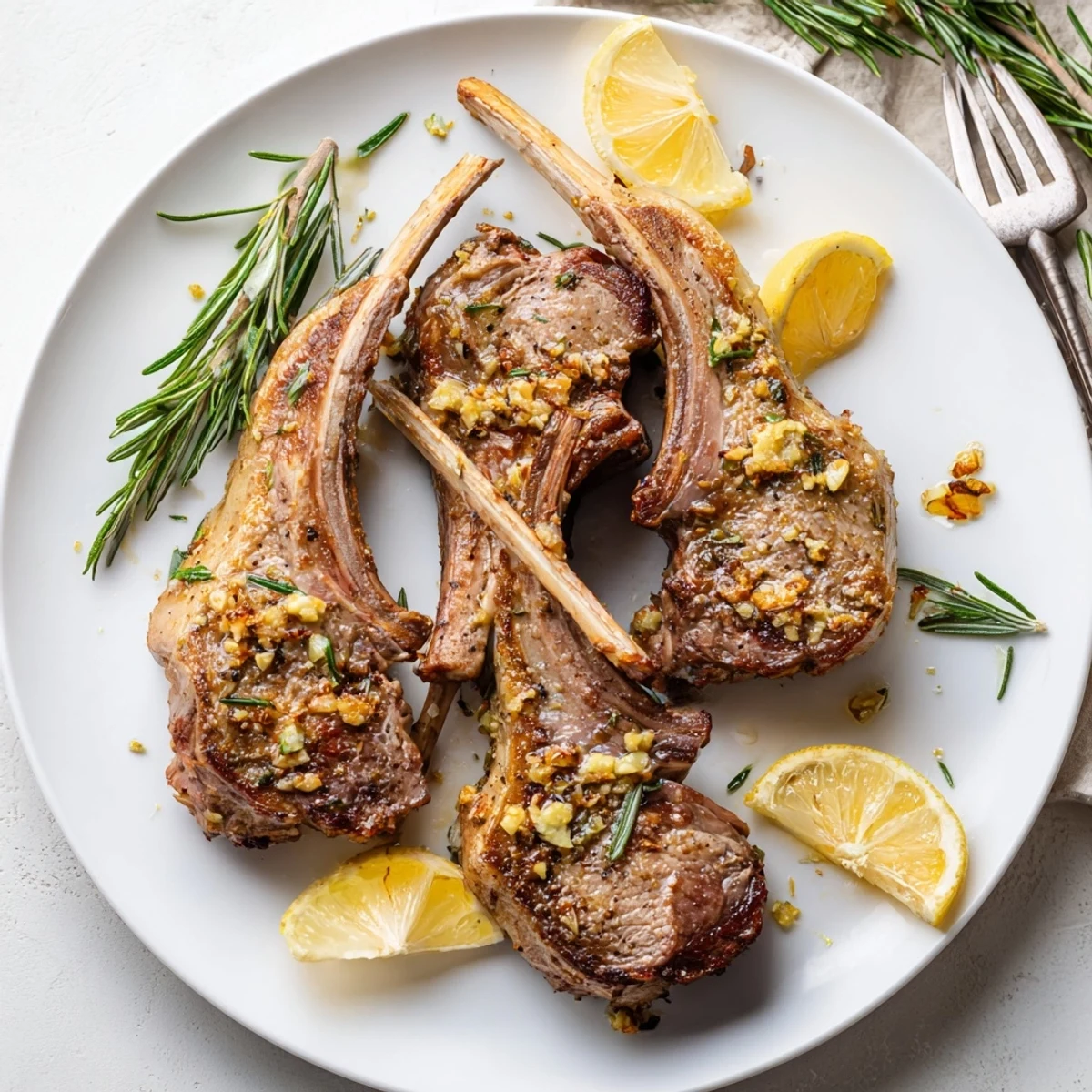 Golden-brown roasted lamb chops glistening with garlic and rosemary on a rustic platter.