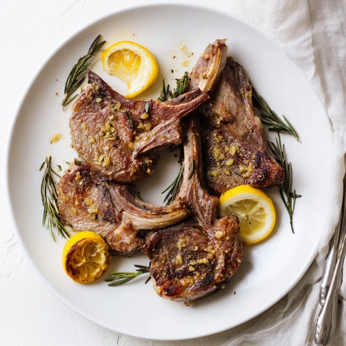 Succulent roasted lamb chops paired with lemon wedges and fresh herbs for serving.