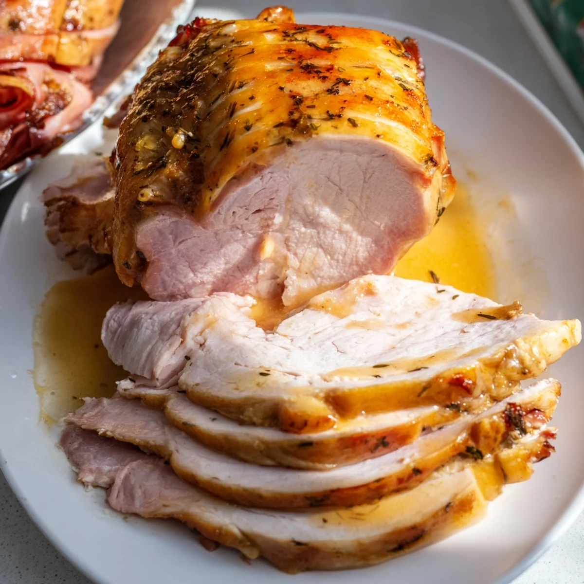 Golden-brown Easter Turkey Ham Roast with Glaze resting on a platter, garnished with fresh thyme and orange slices for a festive presentation.