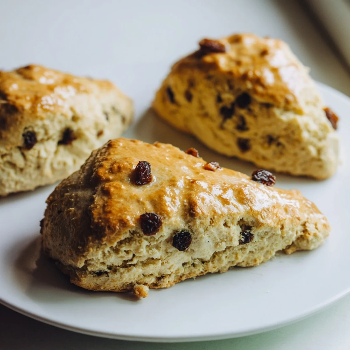 Irish Soda Bread Scones with Currants served with butter and tea on a cozy breakfast table.