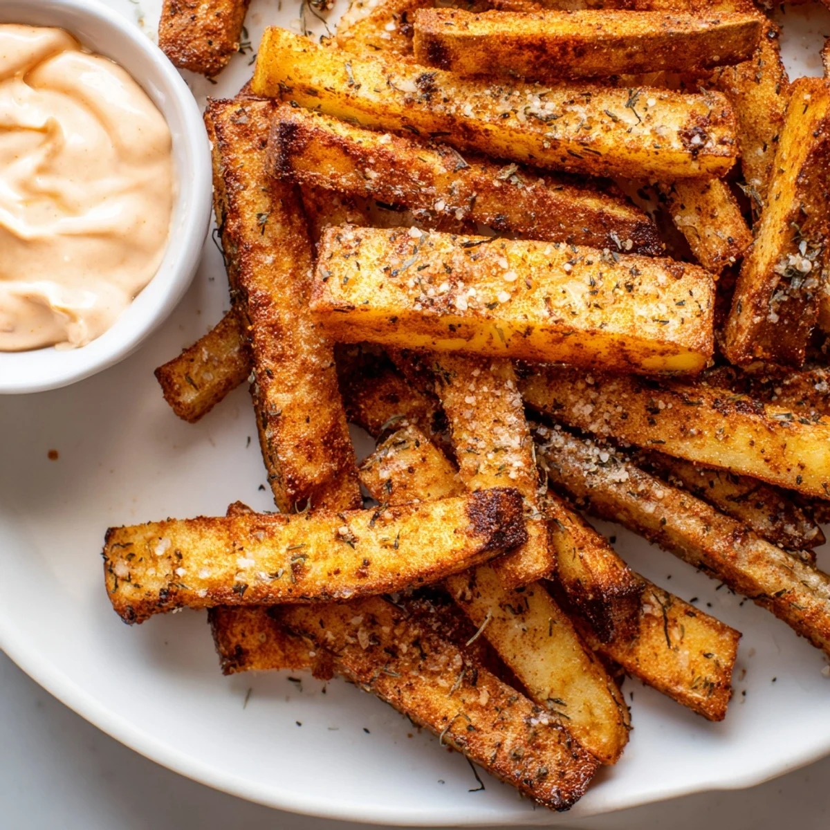 Cajun Spiced Fries with Spicy Mayo garnished with fresh herbs beside a creamy dipping sauce.