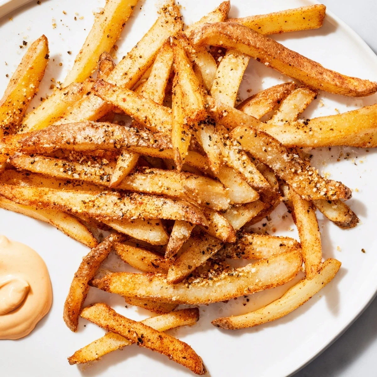 Golden-brown Cajun Spiced Fries with Spicy Mayo, served hot and crispy on a rustic plate.