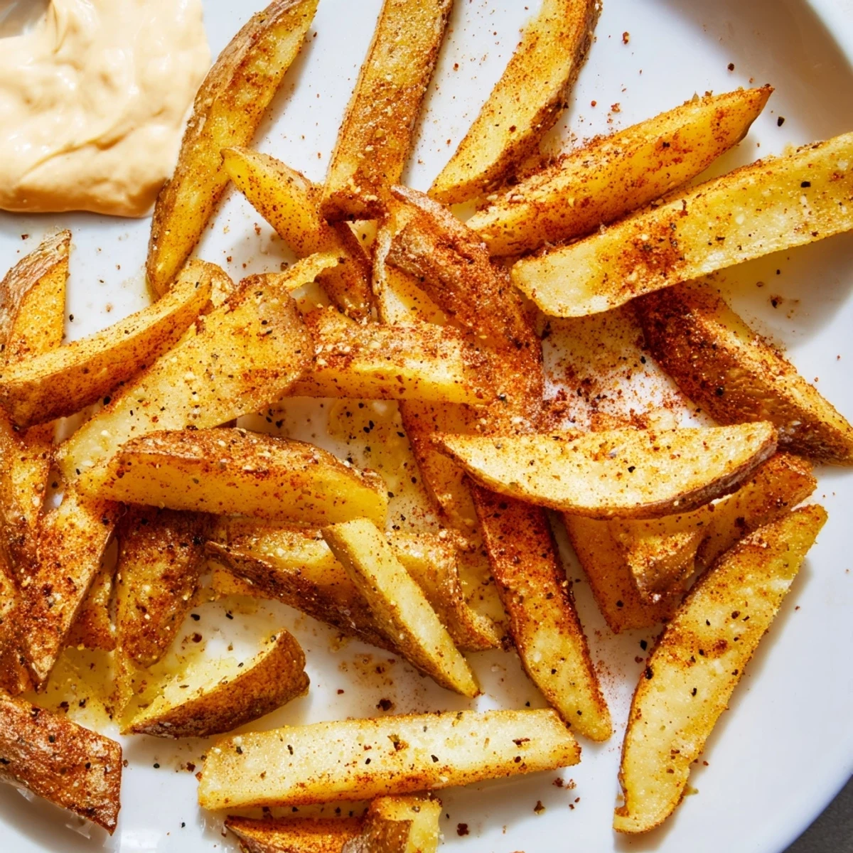 A close-up of Cajun Spiced Fries with Spicy Mayo showing texture and bold seasoning.