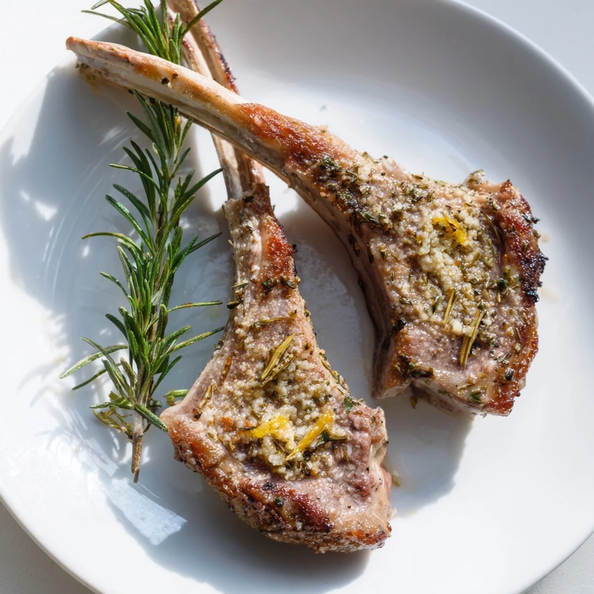 Juicy Roasted Lamb Chops with Garlic and Rosemary are plated next to roasted potatoes and a green salad, showcasing a complete gluten-free main dish.