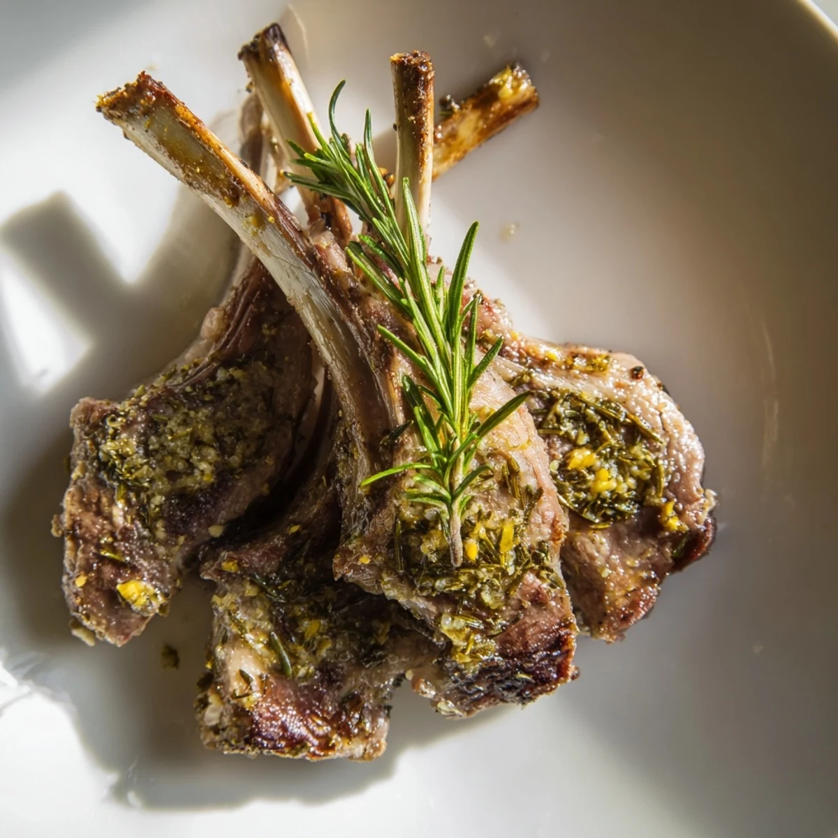 Sizzling Roasted Lamb Chops with Garlic and Rosemary in a cast-iron skillet feature a fragrant rosemary sprig, perfect for a cozy special occasion meal.
