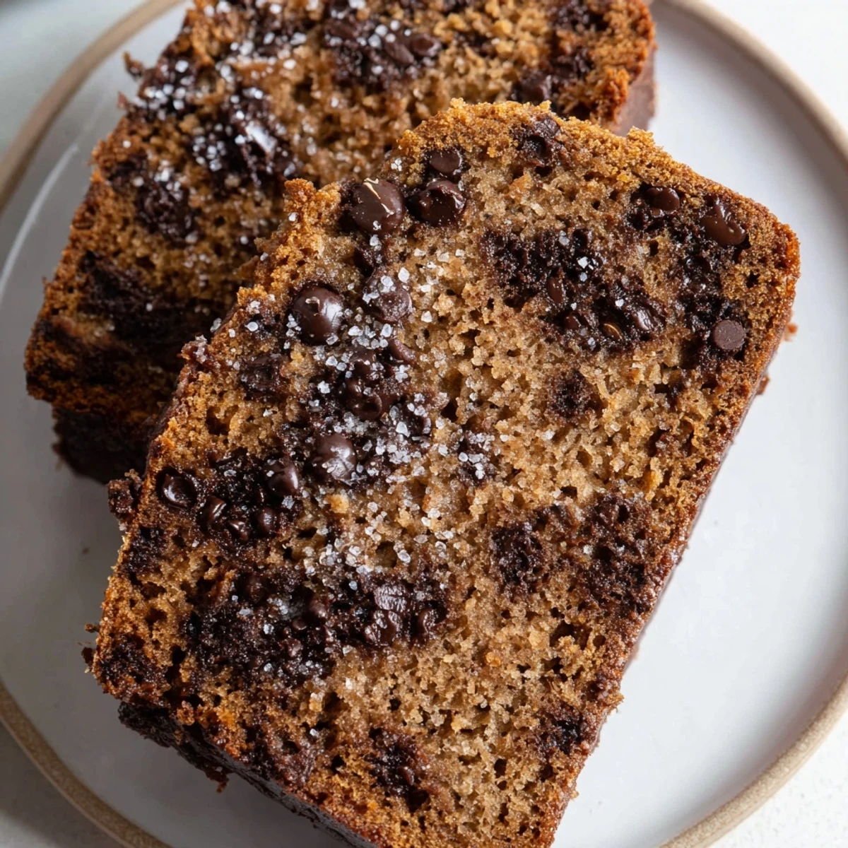 Freshly baked chocolate chip banana bread loaf with melted chocolate chips on a wooden cutting board.