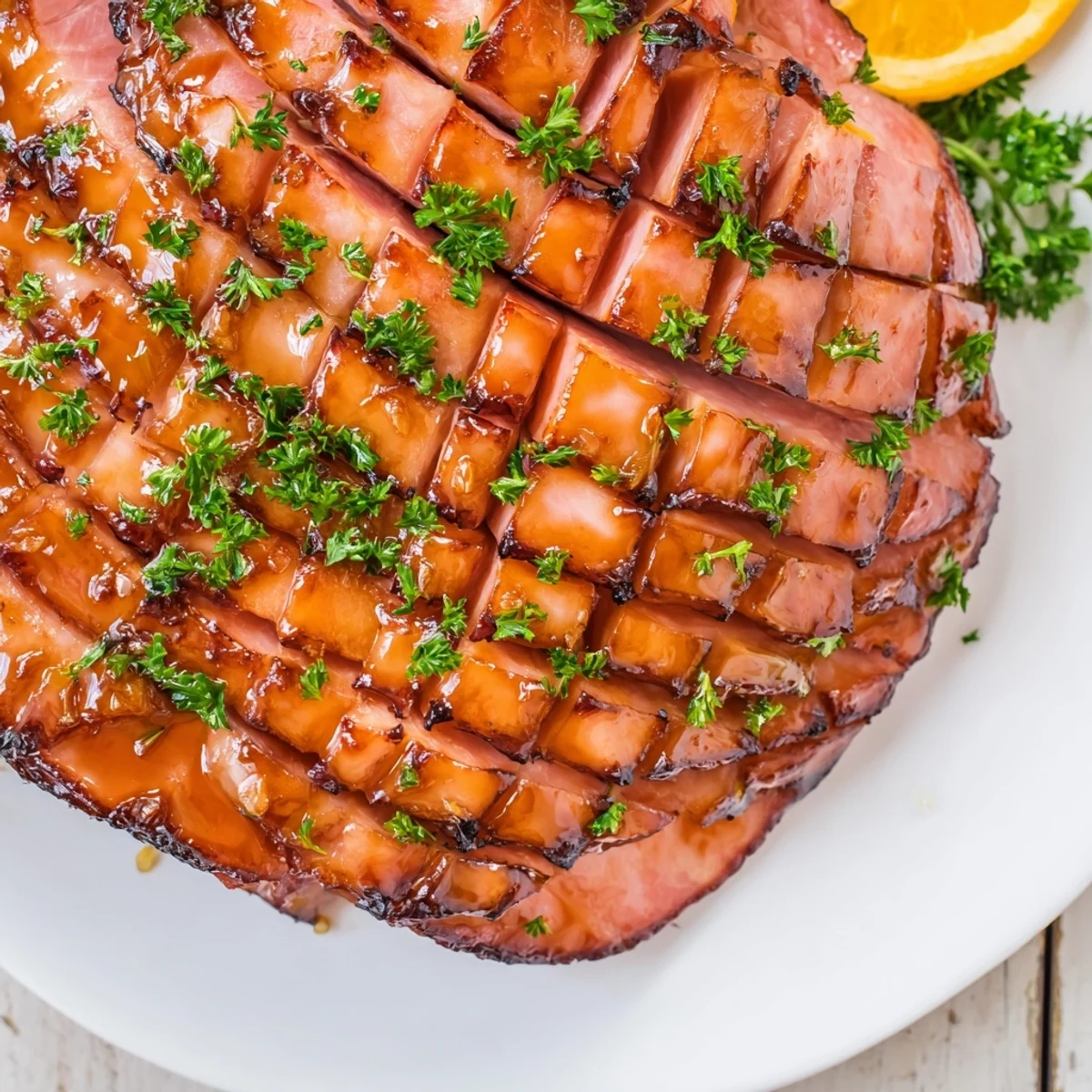 Golden-brown Easter Turkey Ham Roast with glistening honey-Dijon glaze, garnished with fresh parsley and orange slices on a festive table.