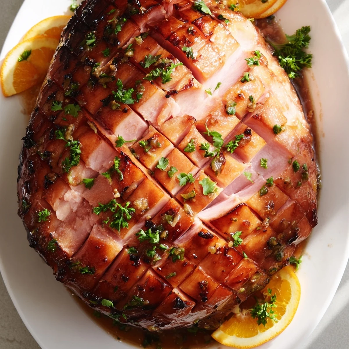 Slice of tender Easter Turkey Ham Roast revealing juicy interior, paired with glazed carrots and a glass of white wine for Easter brunch.