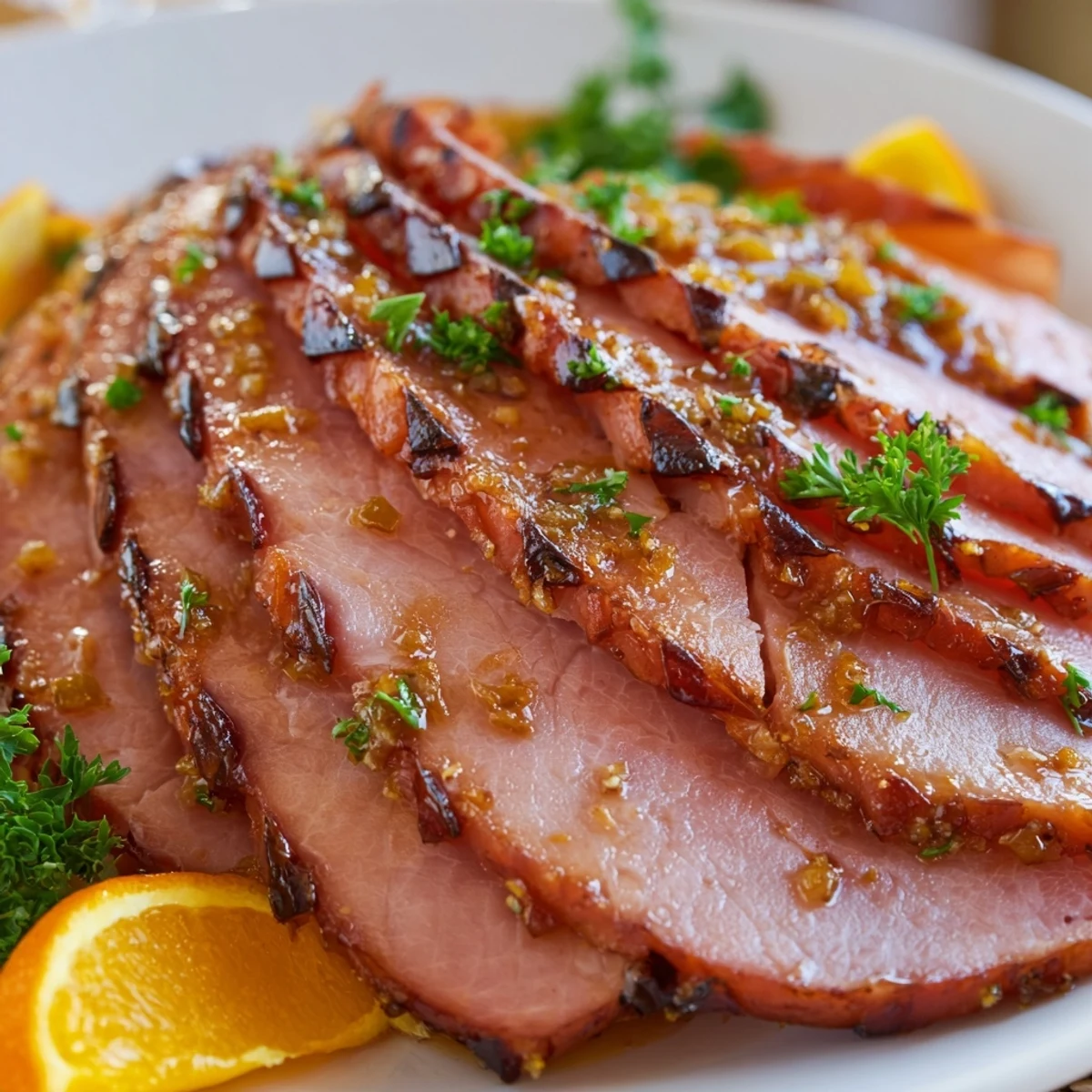 Festive Easter Turkey Ham Roast glazed to a sticky caramel finish, served on a wooden board with herbs and decorative orange slices.