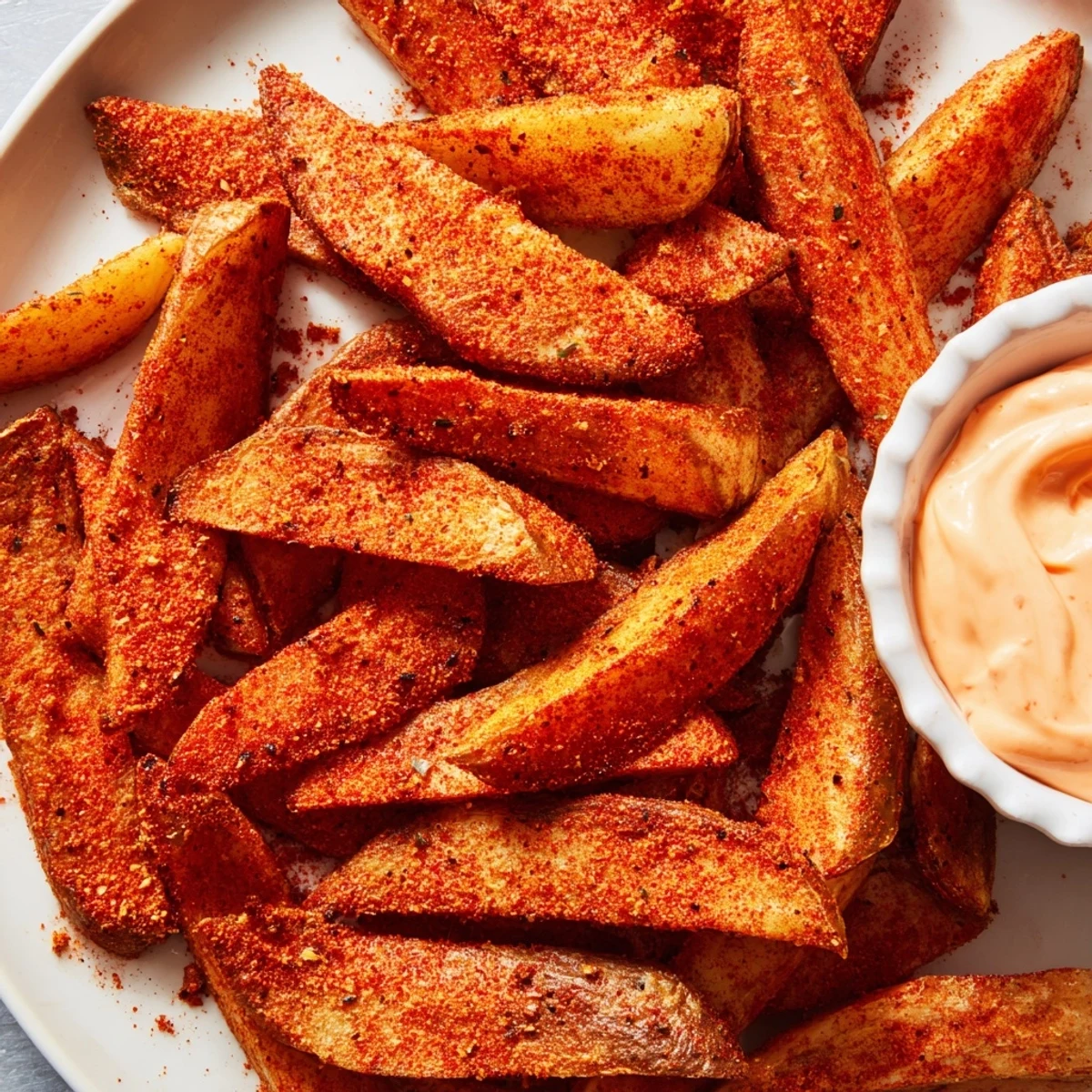 Golden Cajun Spiced Fries with a side of creamy spicy mayo on a rustic wooden table.