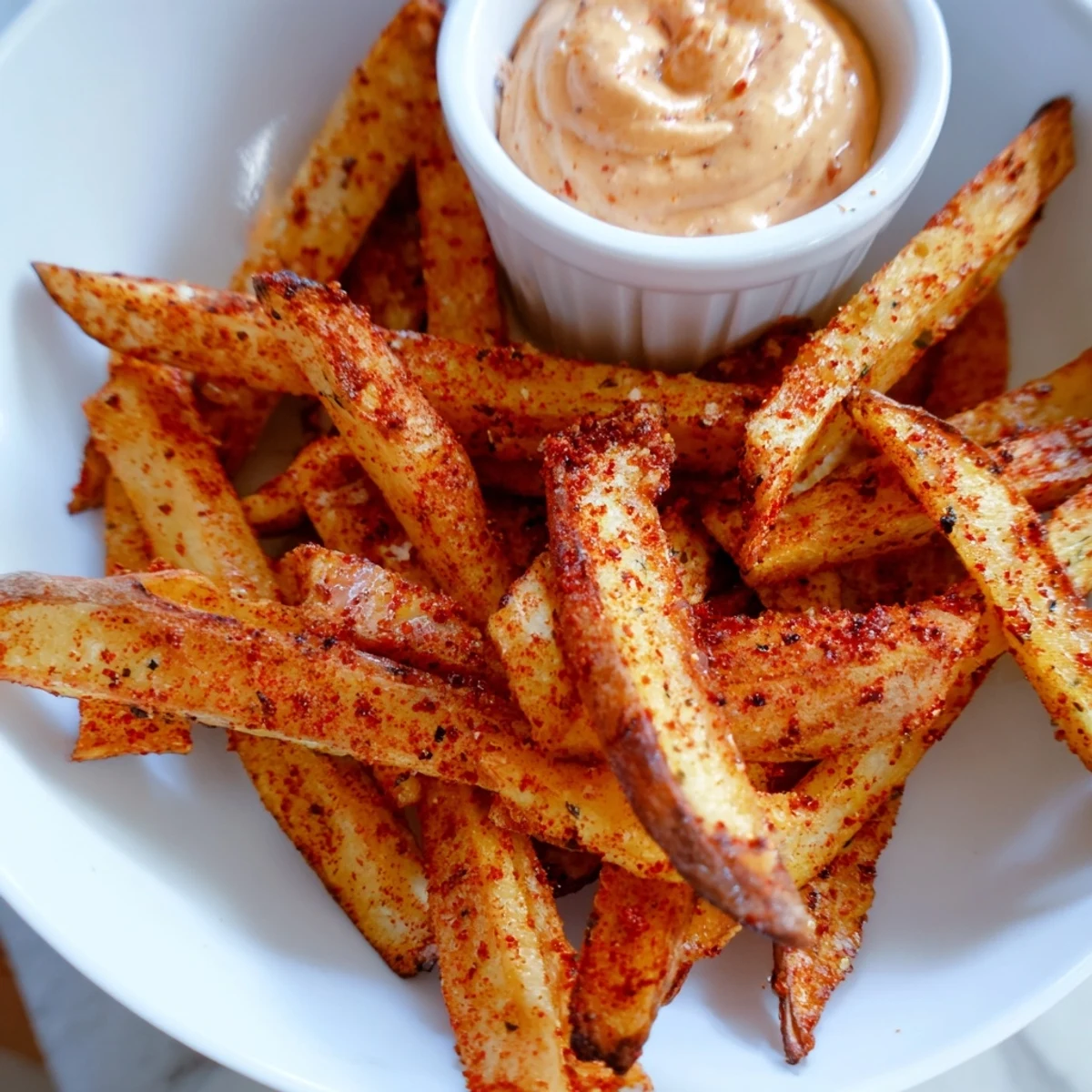 Close-up of crispy Cajun Spiced Fries dipped in zesty spicy mayo, perfect snack or side dish.