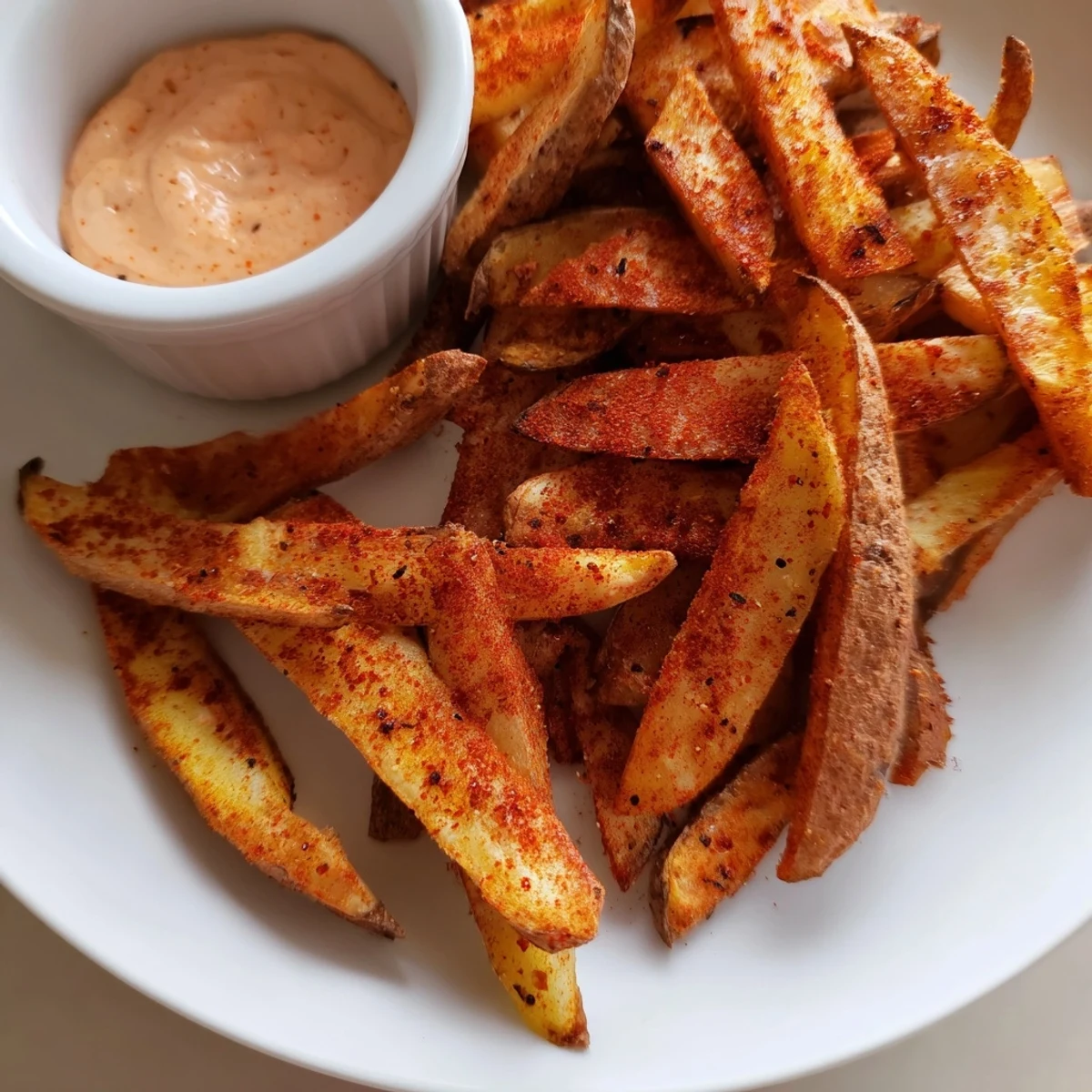 A plate of oven-baked Cajun Spiced Fries served with a tangy spicy mayo dipping sauce.