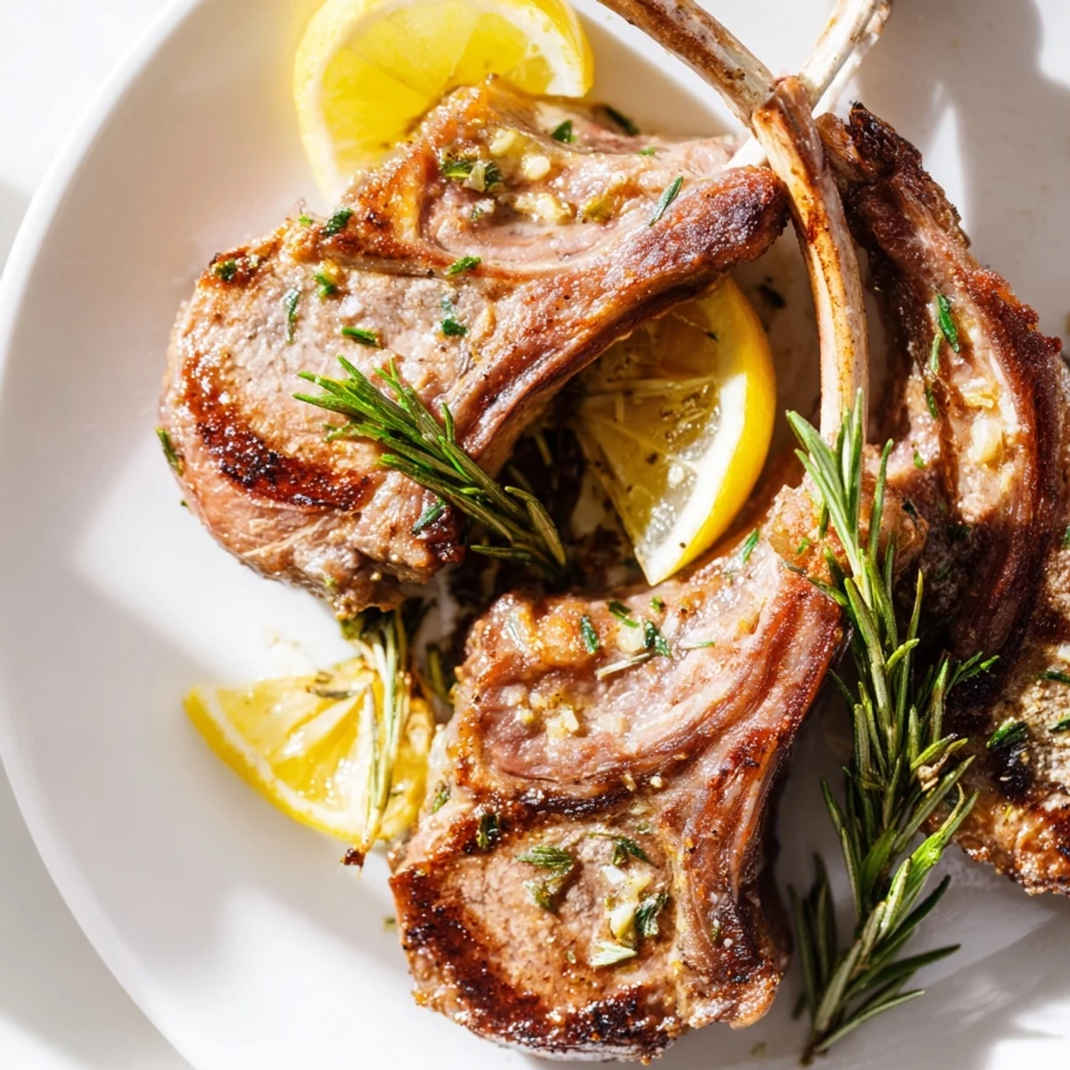 Sizzling Roasted Lamb Chops with Garlic and Rosemary rest beside roasted potatoes and a glass of red wine for a hearty Mediterranean dinner.  