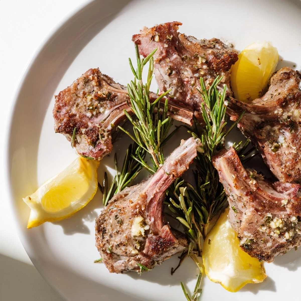 Juicy Roasted Lamb Chops with Garlic and Rosemary are plated with fresh rosemary sprigs and lemon wedges, showcasing a perfect medium-rare sear.  