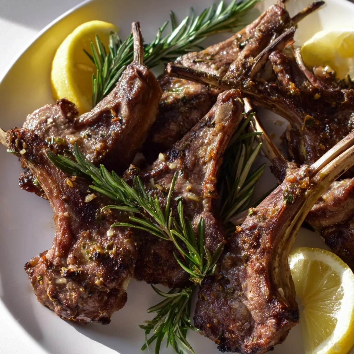 Golden Roasted Lamb Chops with Garlic and Rosemary garnished with fresh herbs, ready to serve with sautéed greens on a rustic plate.