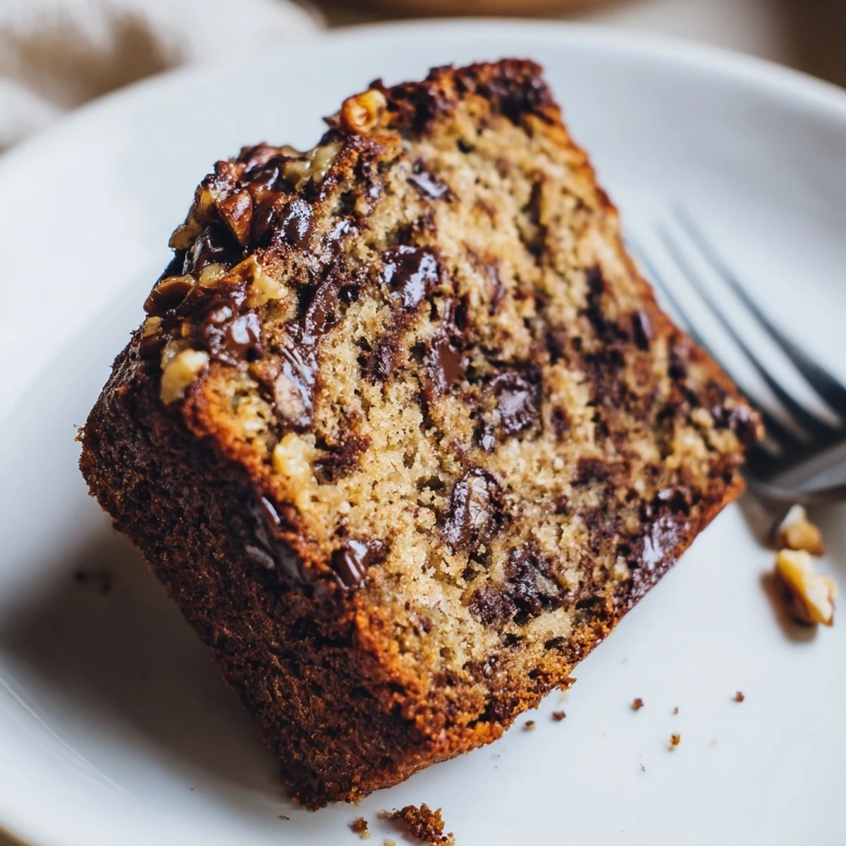 Freshly baked Chocolate Chip Banana Bread Loaf cooling on a wire rack, with melted chocolate chips and golden brown crust.
