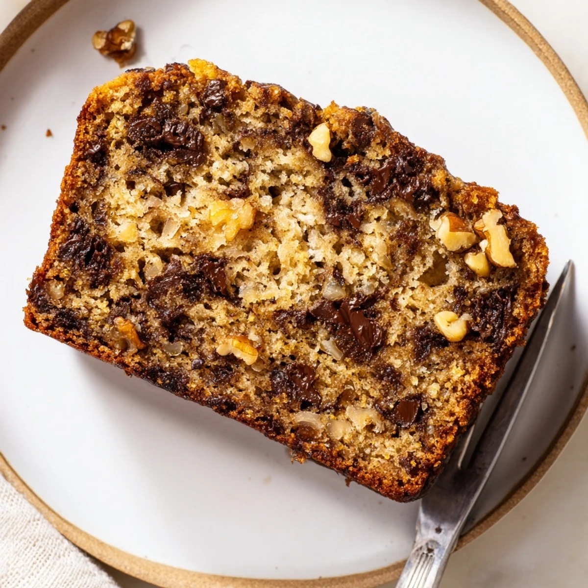 Slice of moist Chocolate Chip Banana Bread Loaf on a plate, topped with butter and served alongside a warm cup of coffee.