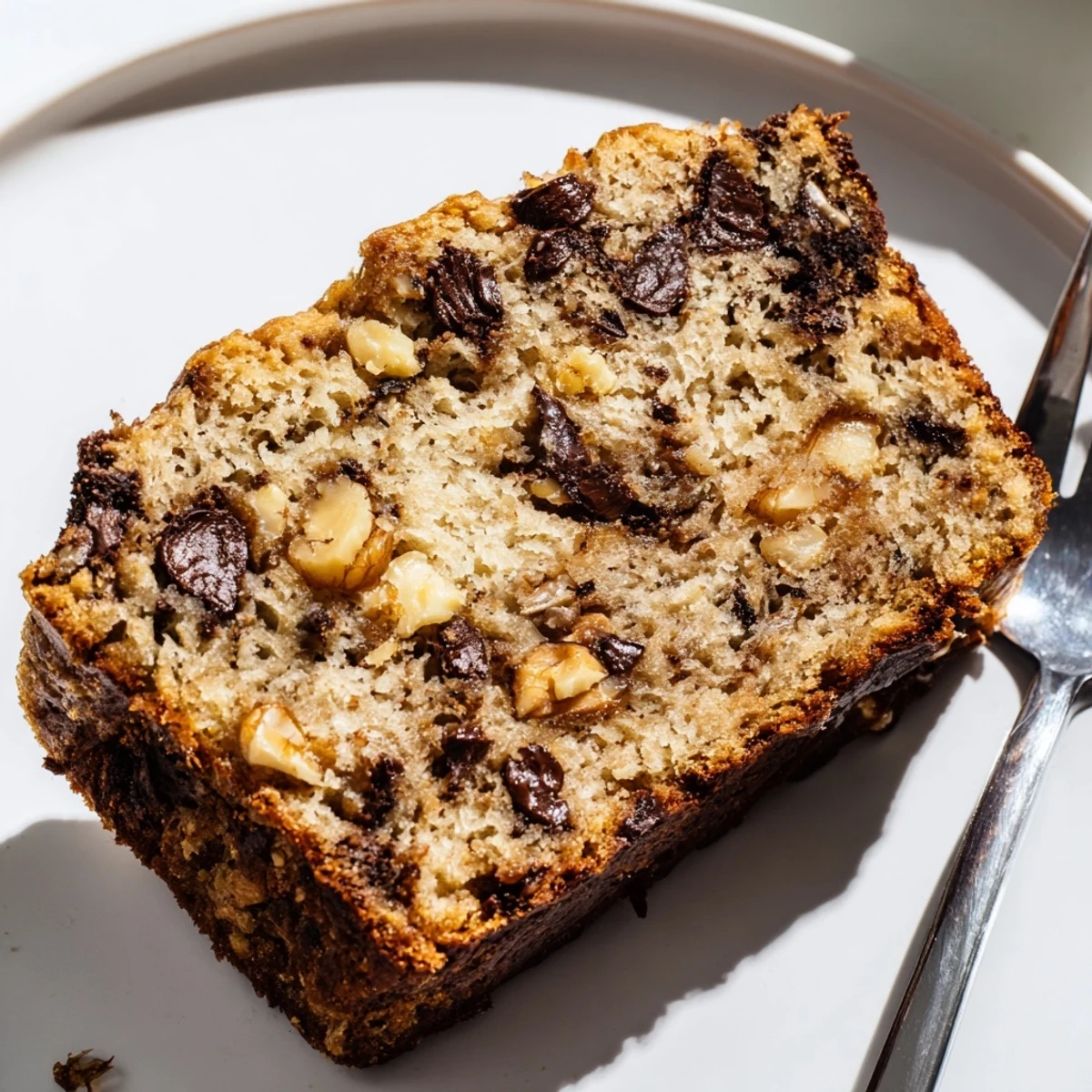 Close-up of a warm Chocolate Chip Banana Bread Loaf showing a tender crumb and generous semi-sweet chocolate chips throughout.