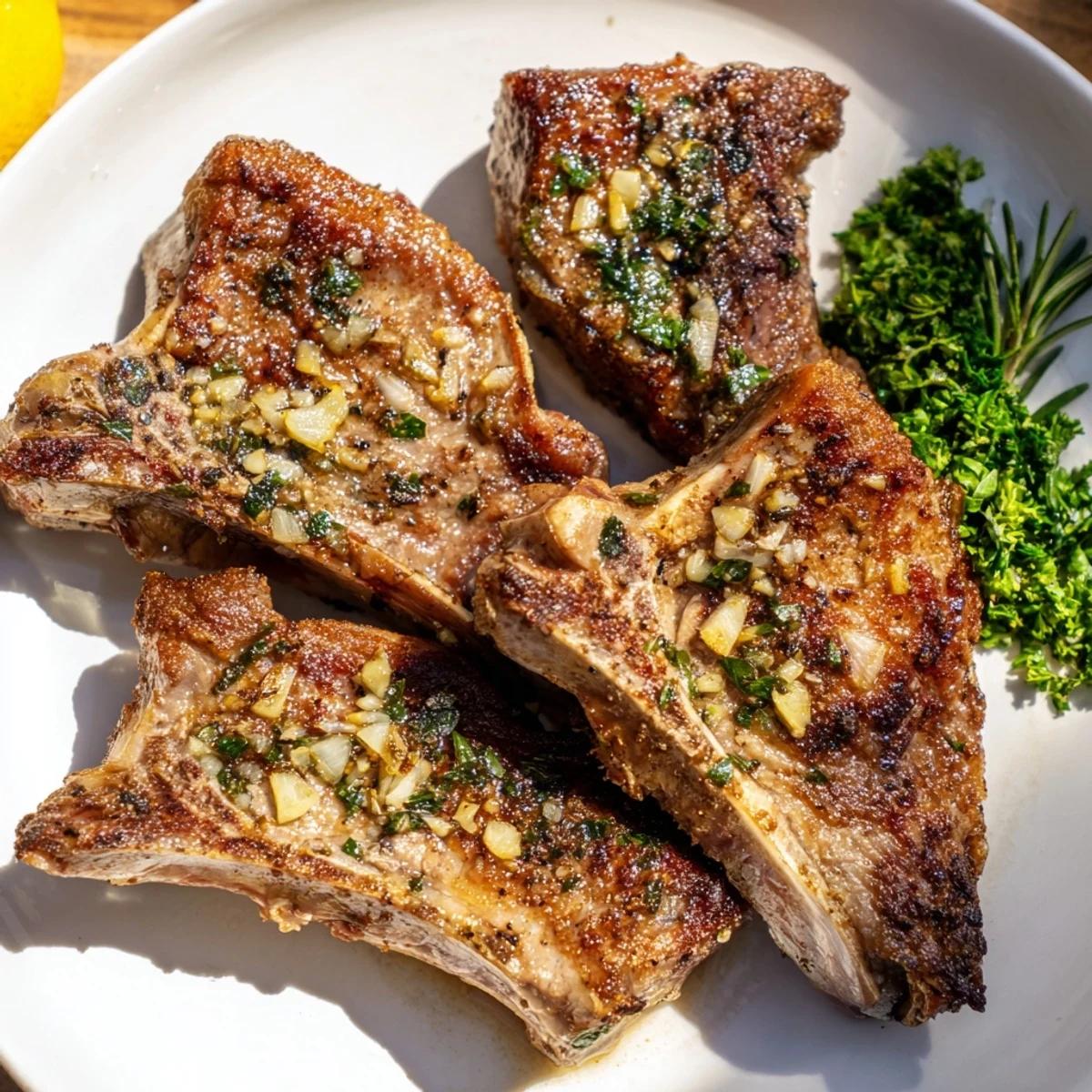 Golden-brown Roasted Lamb Chops with Garlic rest on a platter, garnished with fresh rosemary and lemon wedges for a bright Mediterranean flavor.