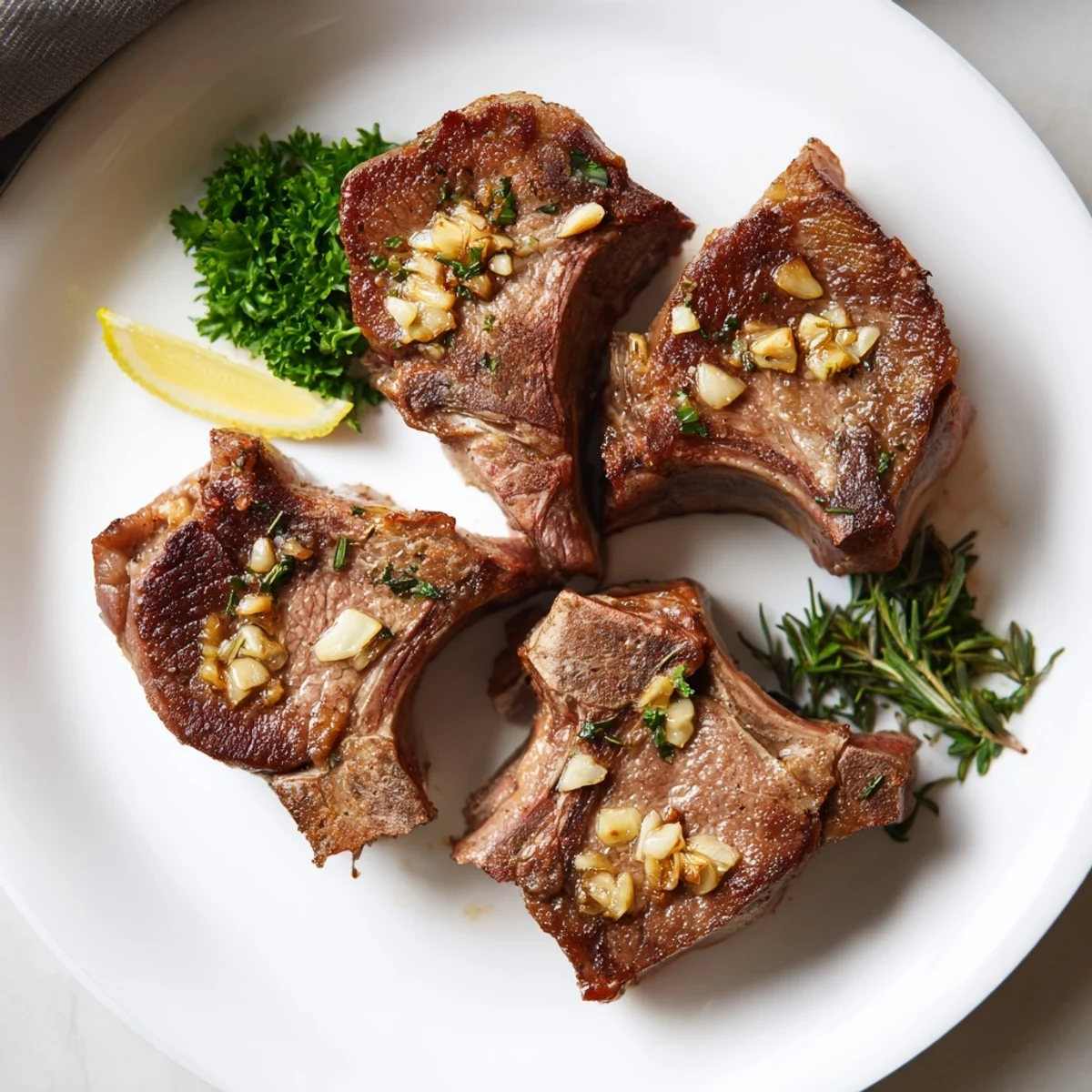 Tender Roasted Lamb Chops with Garlic feature a savory garlic and herb crust, served hot from the oven alongside roasted potatoes.