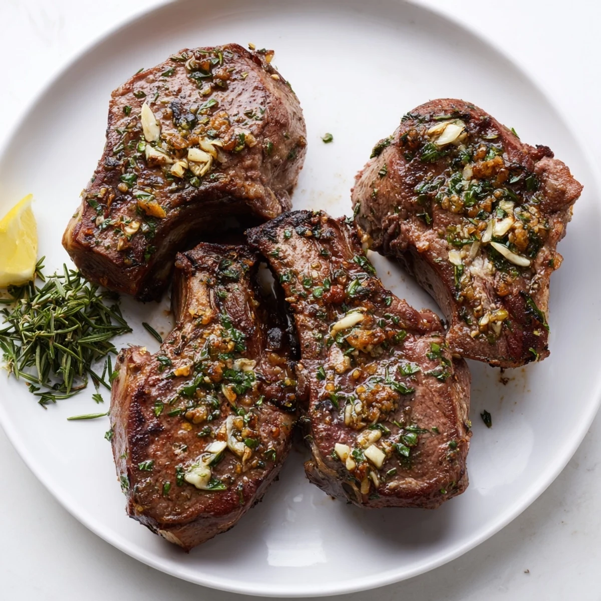 Perfectly cooked Roasted Lamb Chops with Garlic showcase juicy pink interiors, garnished with parsley and ready for a family dinner.