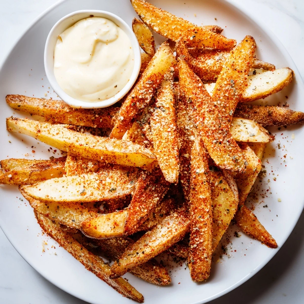 A close-up of crispy Cajun Spiced Fries with Spicy Mayo dip shows seasoned texture and steam rising from the fries.