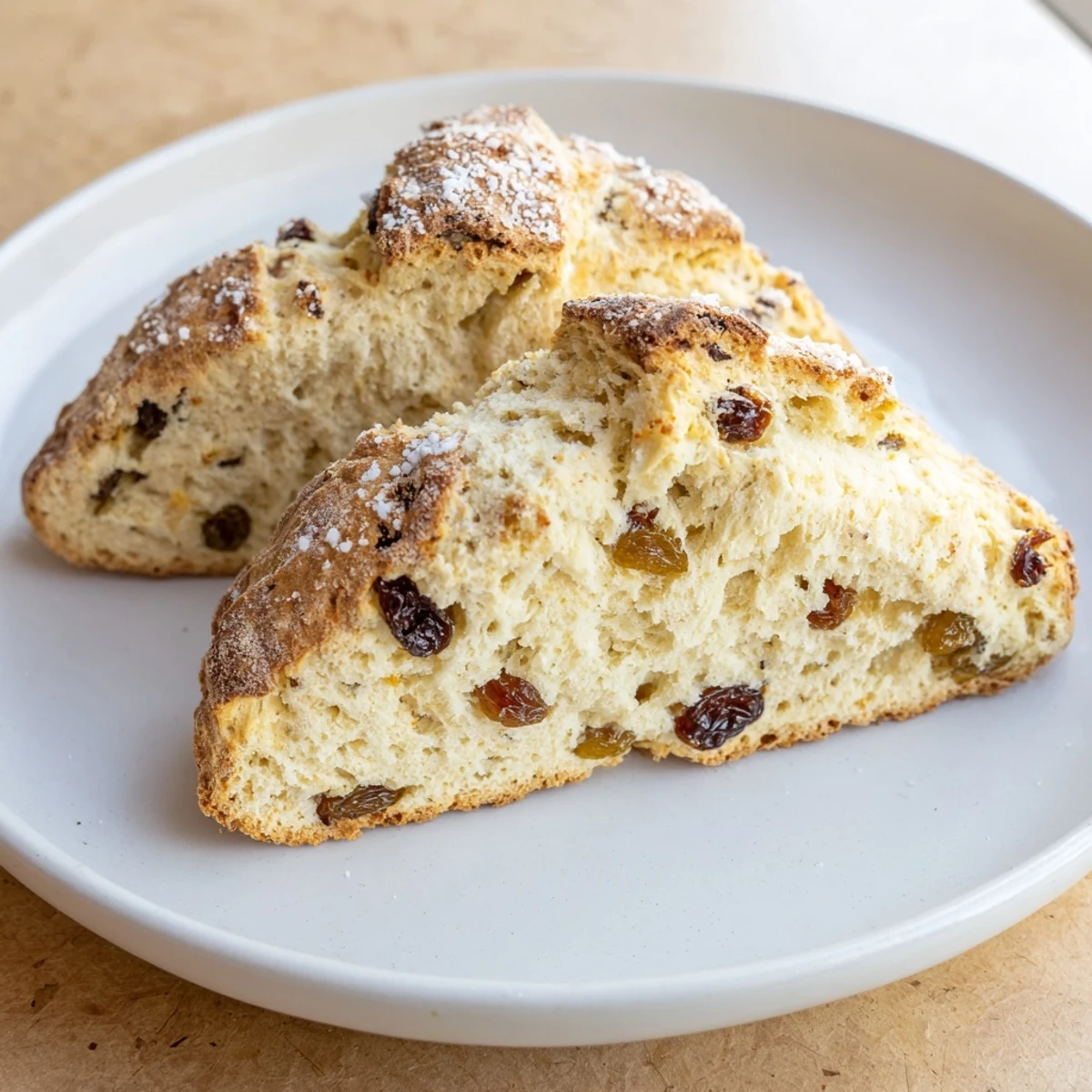 Freshly baked Irish Soda Bread Scones with a golden crust and raisins on a rustic wooden board.