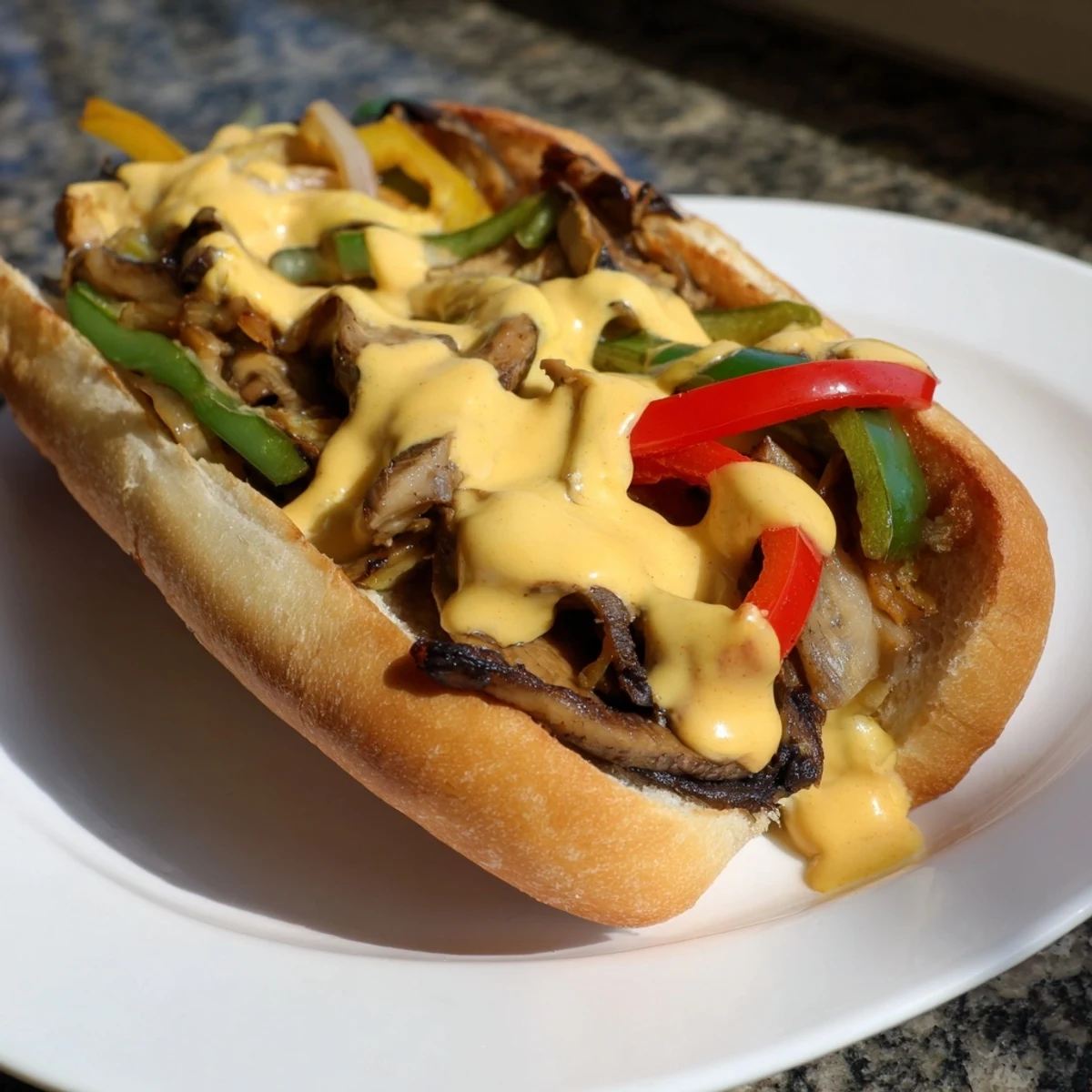 Sizzling vegetables and a rich vegan cheese sauce make this Vegan Philly Cheesesteak a hearty meal. Served hot in a toasted bun, perfect for a quick dinner.